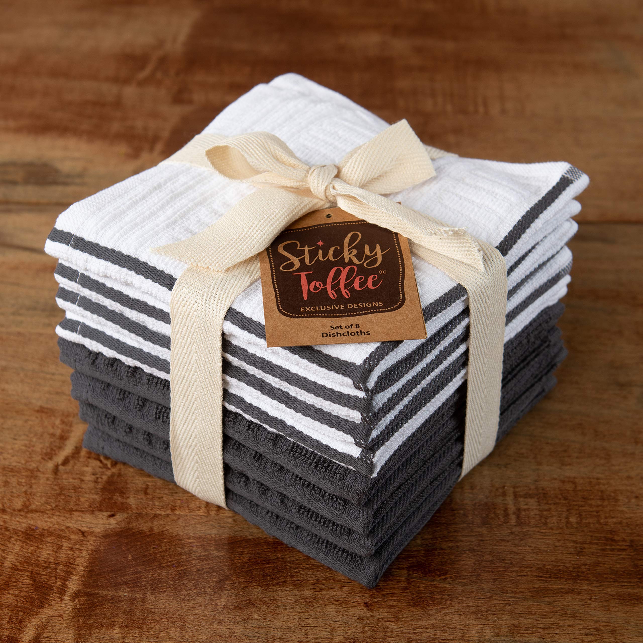 Premium 100% Cotton Kitchen Towels Set of 8 - Absorbent Gray & White Dish Cloths, Reusable Tea Towels & Cleaning Rags (12x12 Inches) | Oeko-Tex Certified | Perfect for Dish Drying, Counter Wiping & Hand Towels