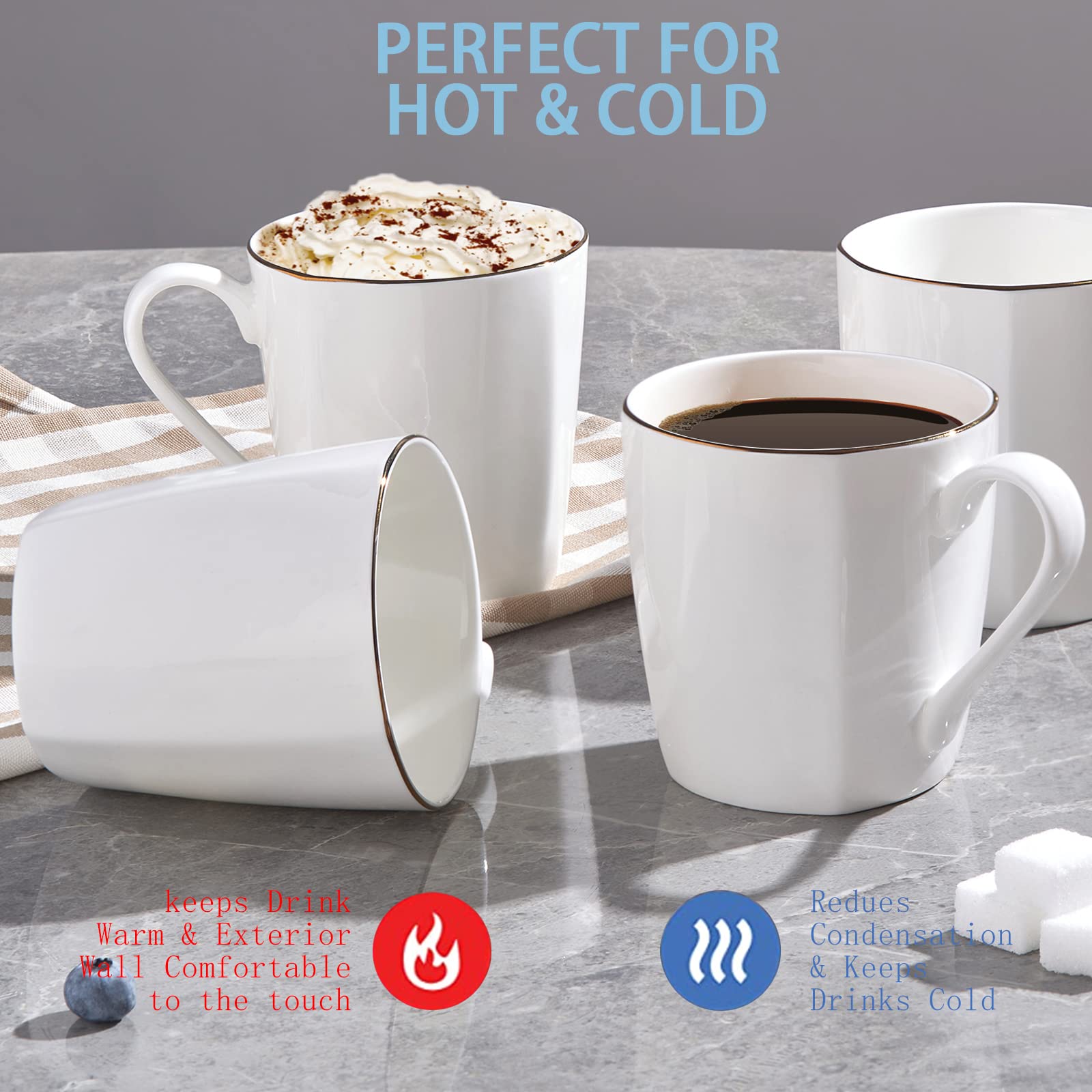Premium 10oz Fine Bone China Coffee Mugs Set of 2 - 45% Bone Content Porcelain Cups with Handle for Coffee, Tea, Latte & Cappuccino - Microwave & Dishwasher Safe - Elegant White Lightweight Tea Cups for Home, Office & Restaurant Use