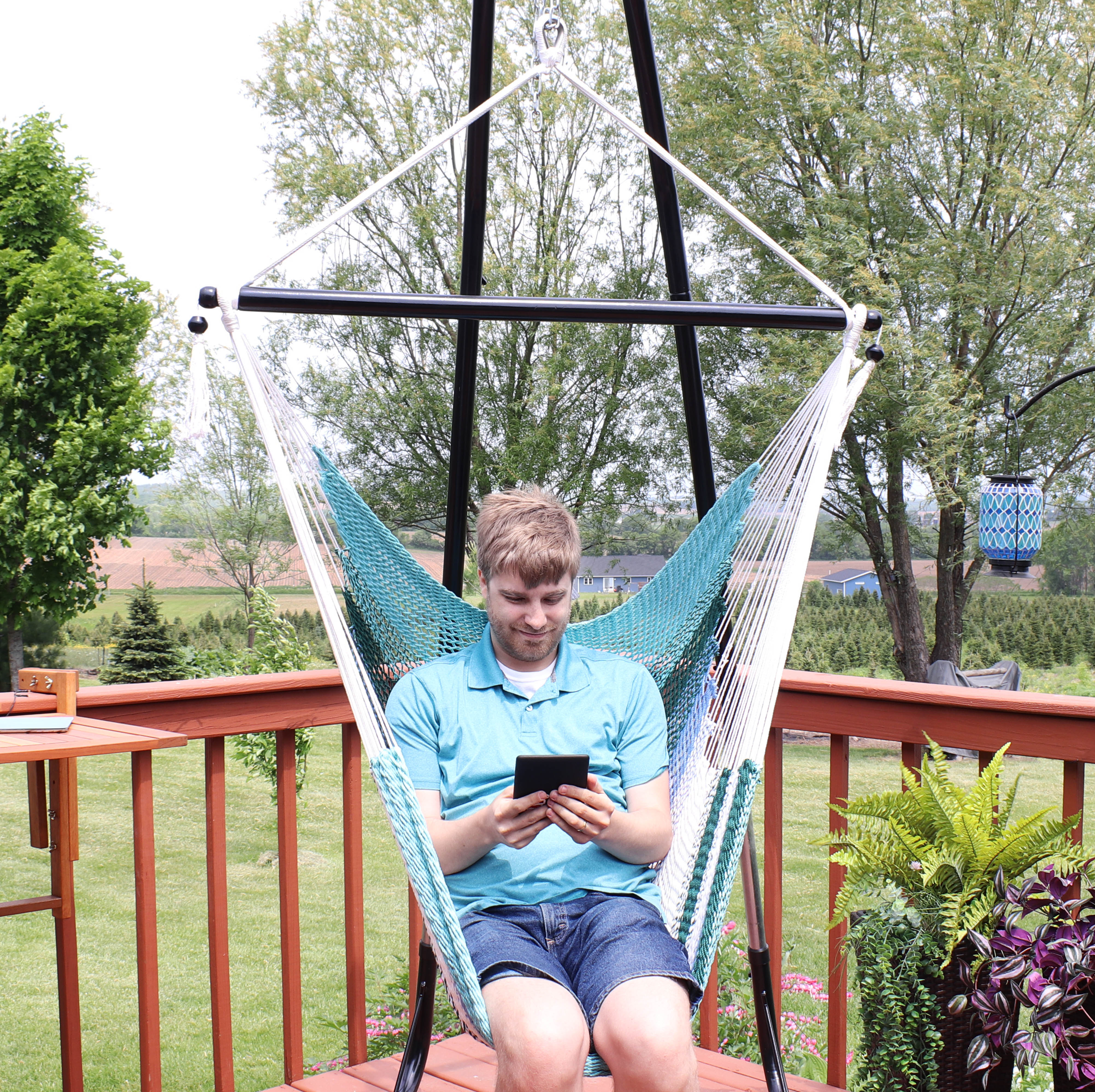 Sunnydaze Polyester Caribbean Hanging Hammock Chair - Lagoon Stripes Design for Indoor & Outdoor Relaxation - Perfect for Patio, Garden, Backyard, and Poolside Use