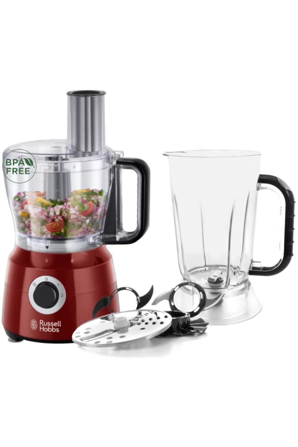 Russell Hobbs 600W Multifunctional Food Processor - Blender, Mixer, Grinder, Chopper, Grater & Whisk (Includes Dough Blades, Dishwasher Safe Accessories, 2 Speeds) - Perfect for Baking, Cooking & Meal Prep - Desire Red 24730-56