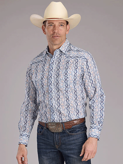 Roper Men's Paisley Trellis Print Western Shirt - Blue Plaid Cowboy Shirt for Country Style, Rodeo & Casual Wear | Comfortable Button-Up Shirt for Men