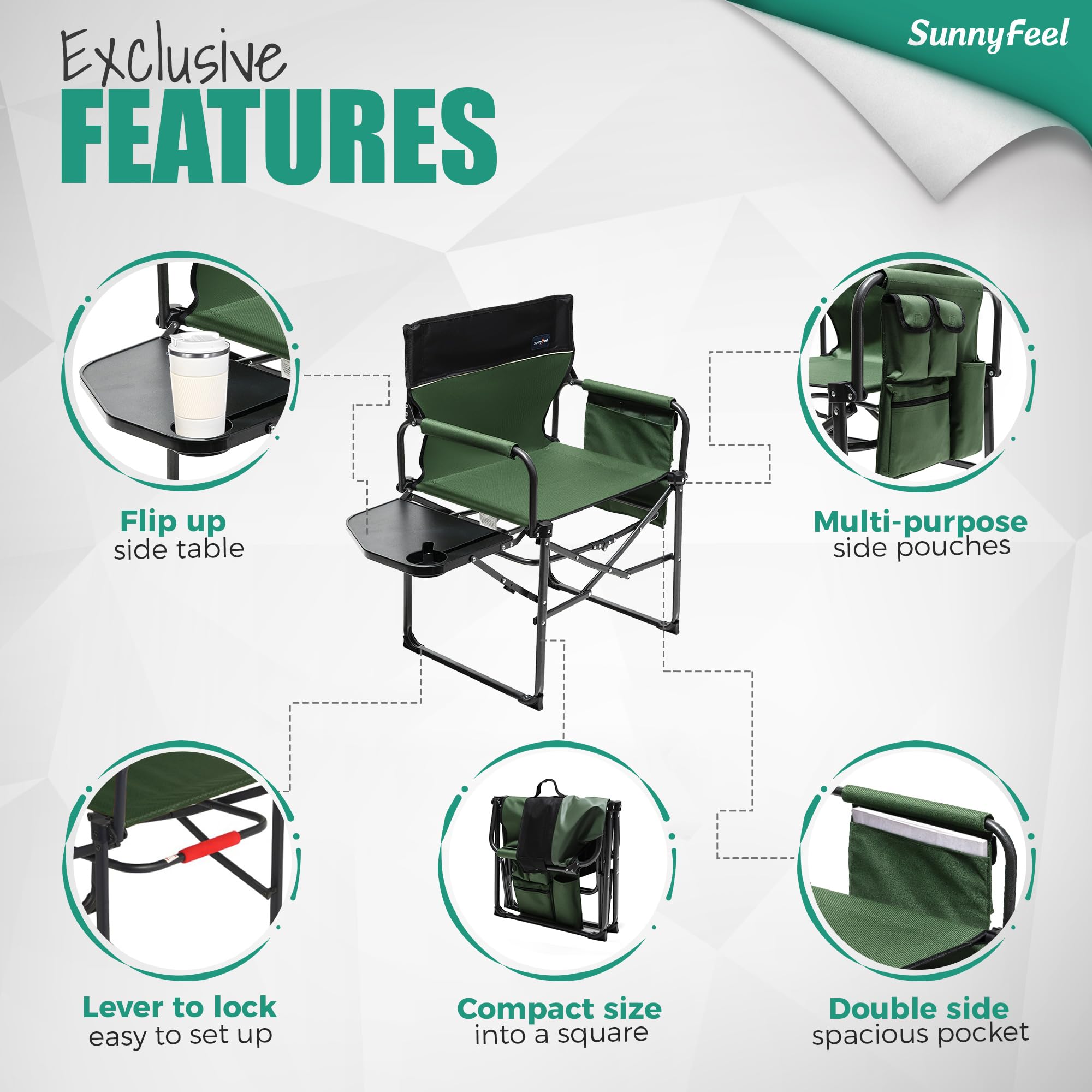 **SUNNYFEEL Oversized Heavy Duty Folding Camping Chair with Side Table & Pocket – Portable Outdoor Director’s Chair for Beach, Fishing, Picnic, Concert, Tailgating – Perfect for Camping, Backyard, and Patio Relaxation**