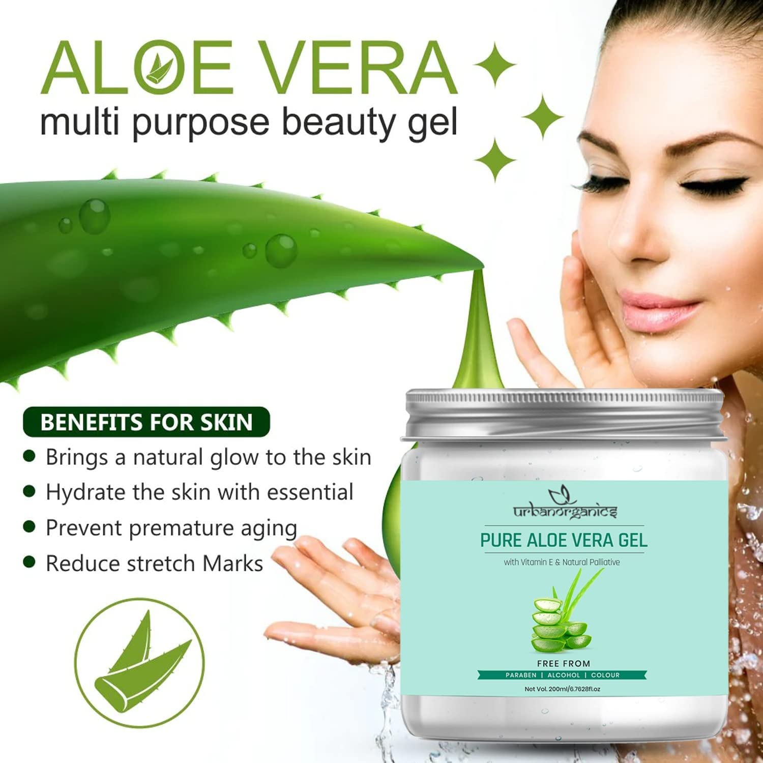 Urbanorganics Pure Aloe Vera Gel for Skin & Hair Care - Vitamin E Enriched, Paraben Free, 200ml - Soothes Sunburn, Hydrates Dry Skin & Conditions Hair Naturally