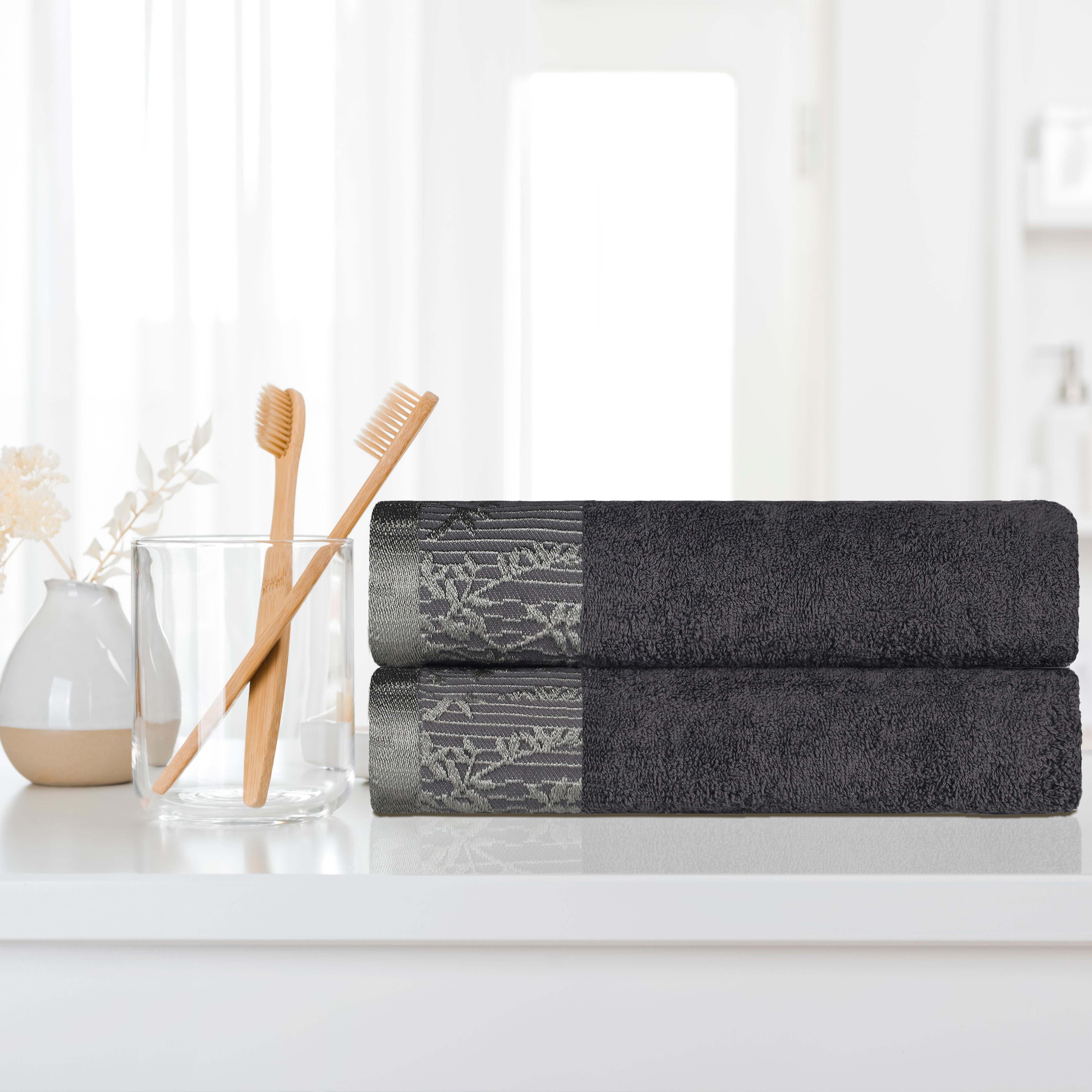 Premium Wisteria Cotton Floral Embroidered Jacquard Border Bath Towel Set of 2 - Soft Absorbent Luxury Towels for Spa, Bathroom & Guest Use
