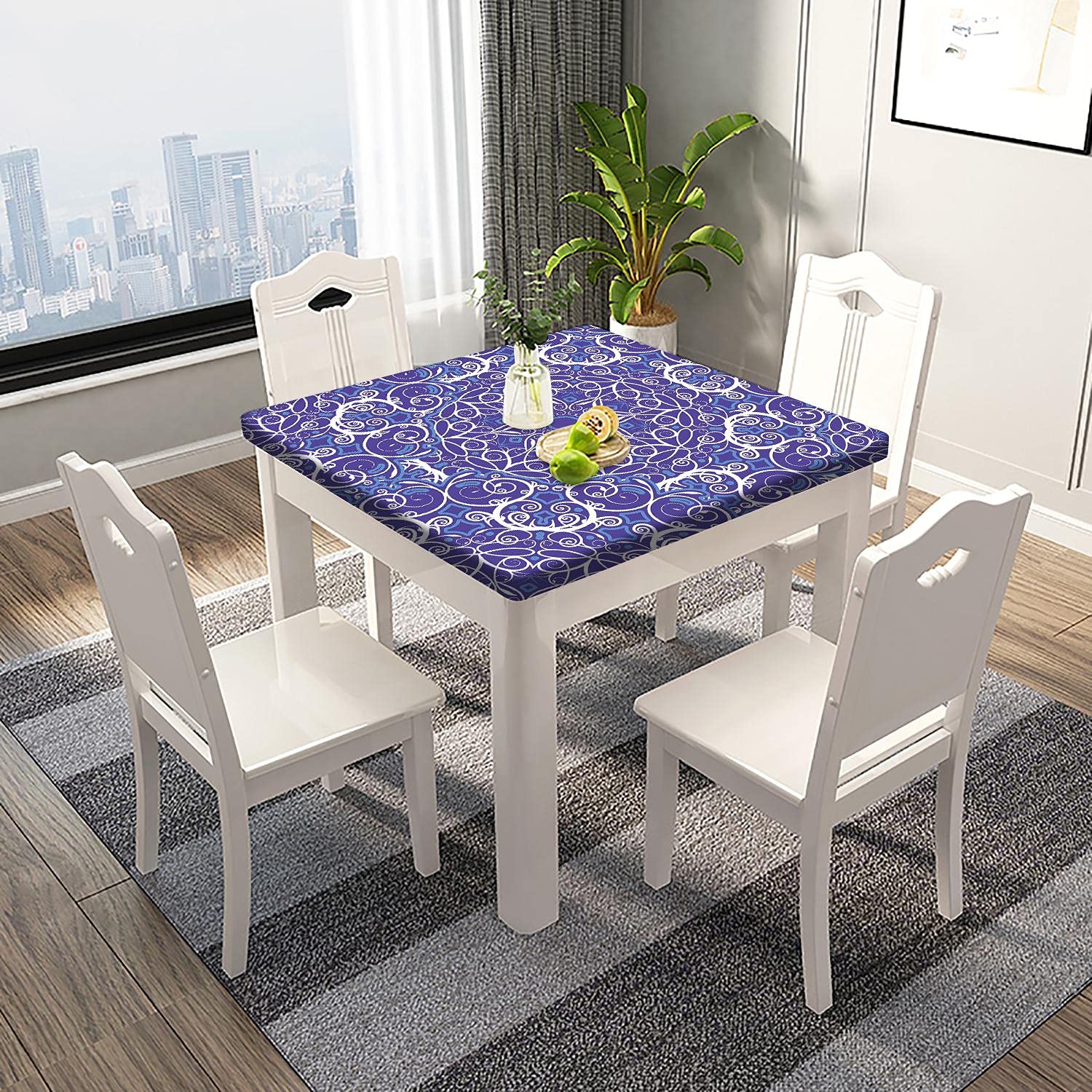 Mandala Purple Floral Elastic Edge Square Tablecloth – Washable & Erasable Polyester Table Cover for 42x42 Inch Tables – Perfect for Living Room, Garden, Patio & Family Dining Decor