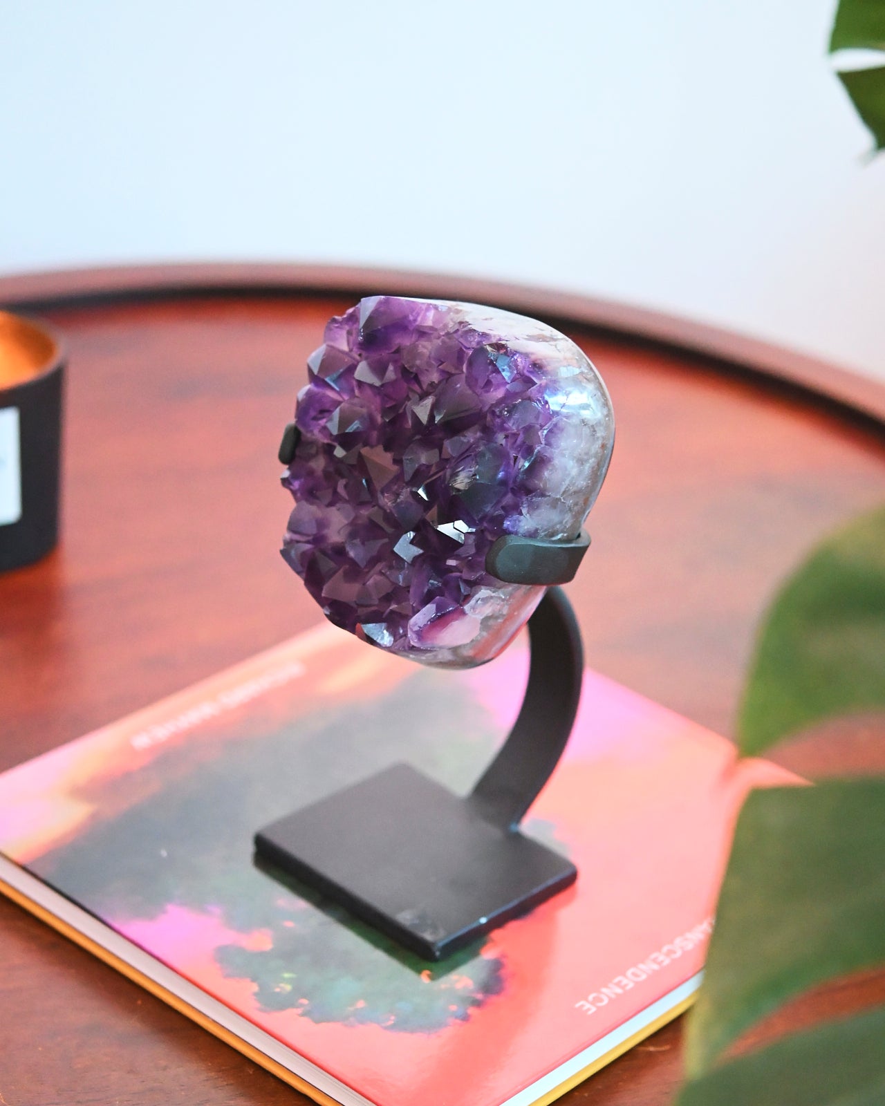 Natural Amethyst Crystal Geode on Wooden Stand - 4.4lbs Raw Purple Quartz Cluster - Home Decor, Meditation & Healing Crystal Gift