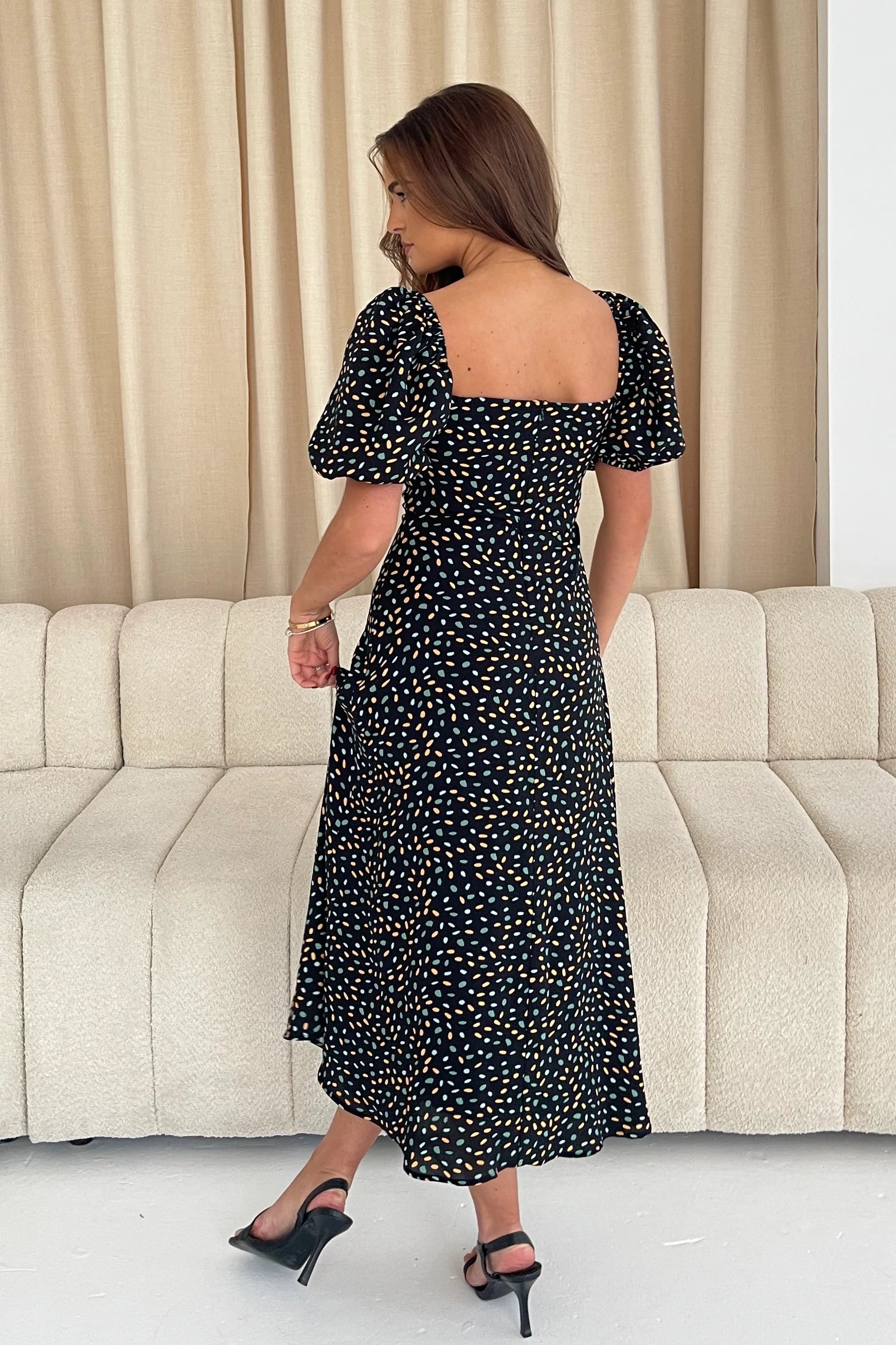 Jemima Square Neck Midi Dress for Women - Floral Print Summer Dress (Black/Multi Color) - Perfect for Beach Vacation, Date Night & Office Wear