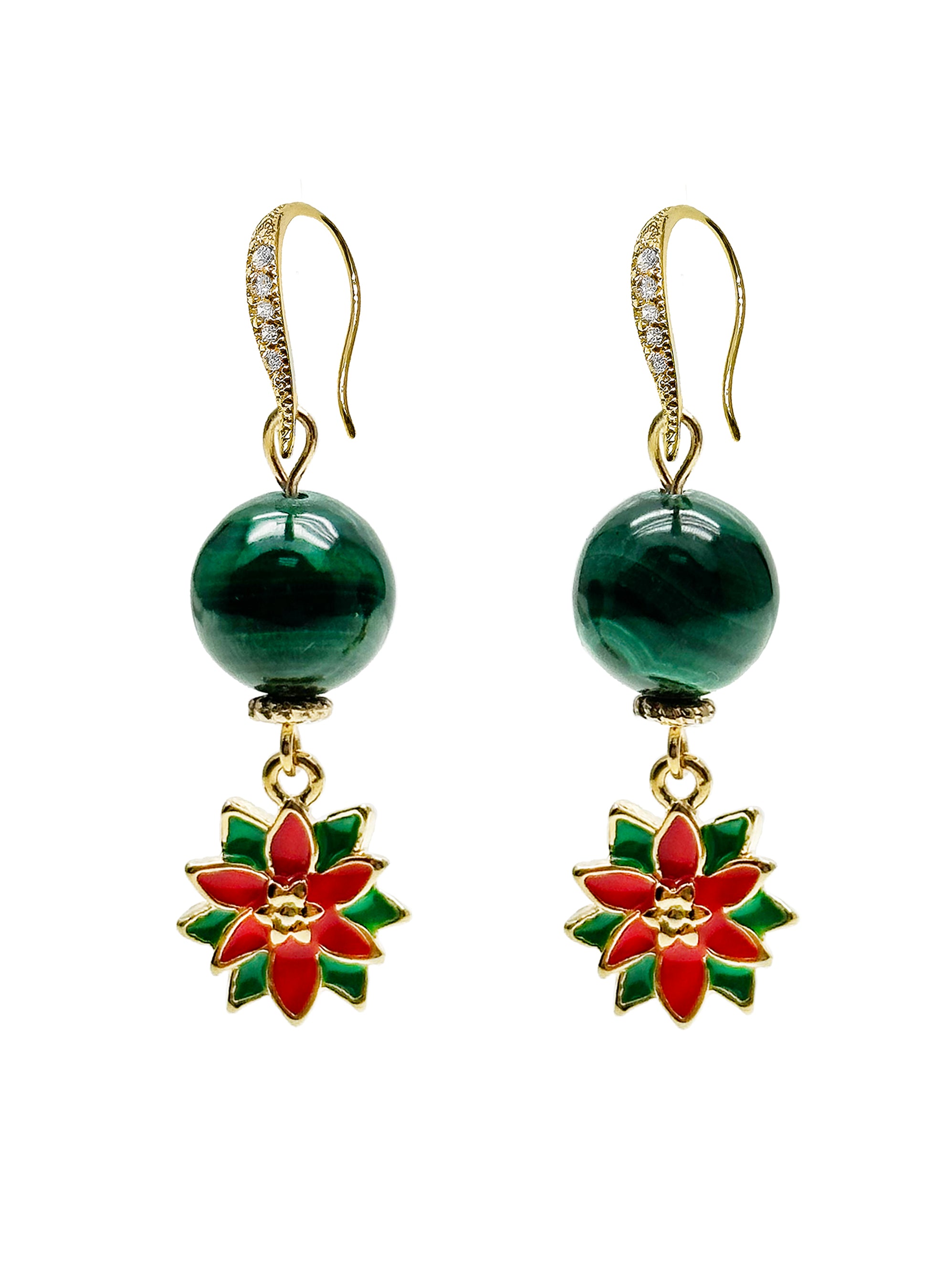 Malachite Dangle Earrings with Christmas Flower Design - Elegant Holiday Jewelry Gift for Women (Perfect for Christmas Parties & Festive Occasions)