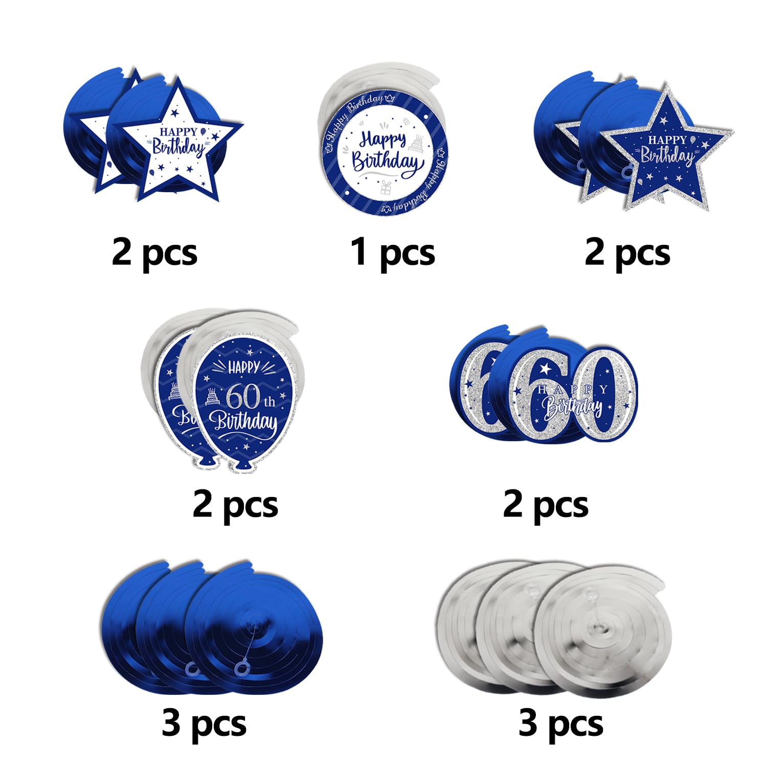 60th Birthday Party Decorations - Blue & Silver Glitter Swirl Streamers (15 Pcs) with 'Cheers to Sixty Years' Sign - Perfect for Milestone Celebrations, Anniversaries & Retirement Parties