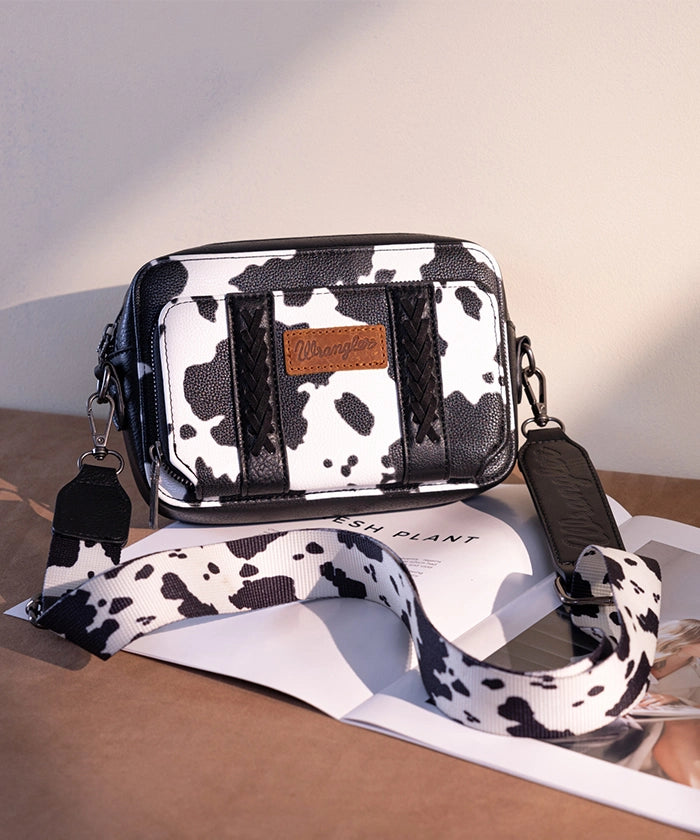 Wrangler Cow Print Crossbody Bag for Women - Stylish Western Cowhide Leather Purse with Adjustable Strap - Perfect for Casual Outings, Travel & Shopping