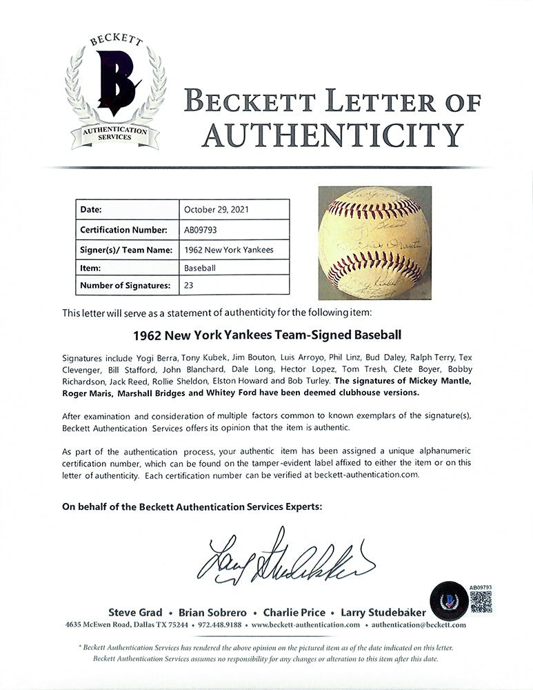 1962 New York Yankees Team Signed Baseball with Yogi Berra & 22 Players - Authentic BAS LOA Certified - Perfect for Baseball Memorabilia Collectors & Yankees Fans Display