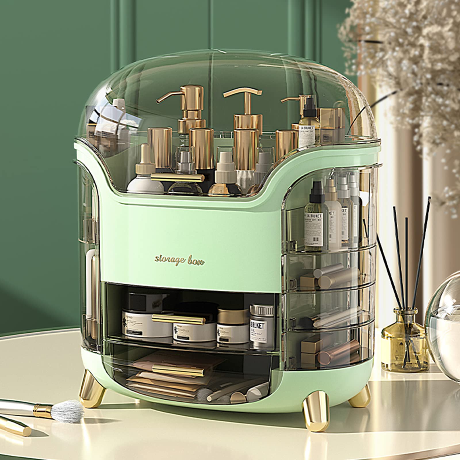 Galatée Large Capacity Makeup Organizer Box - Multifunctional Cosmetic Storage for Powder, Jewelry & Lipstick - Travel-Friendly Green Makeup Case | Perfect for Vanity, Travel & Home Organization