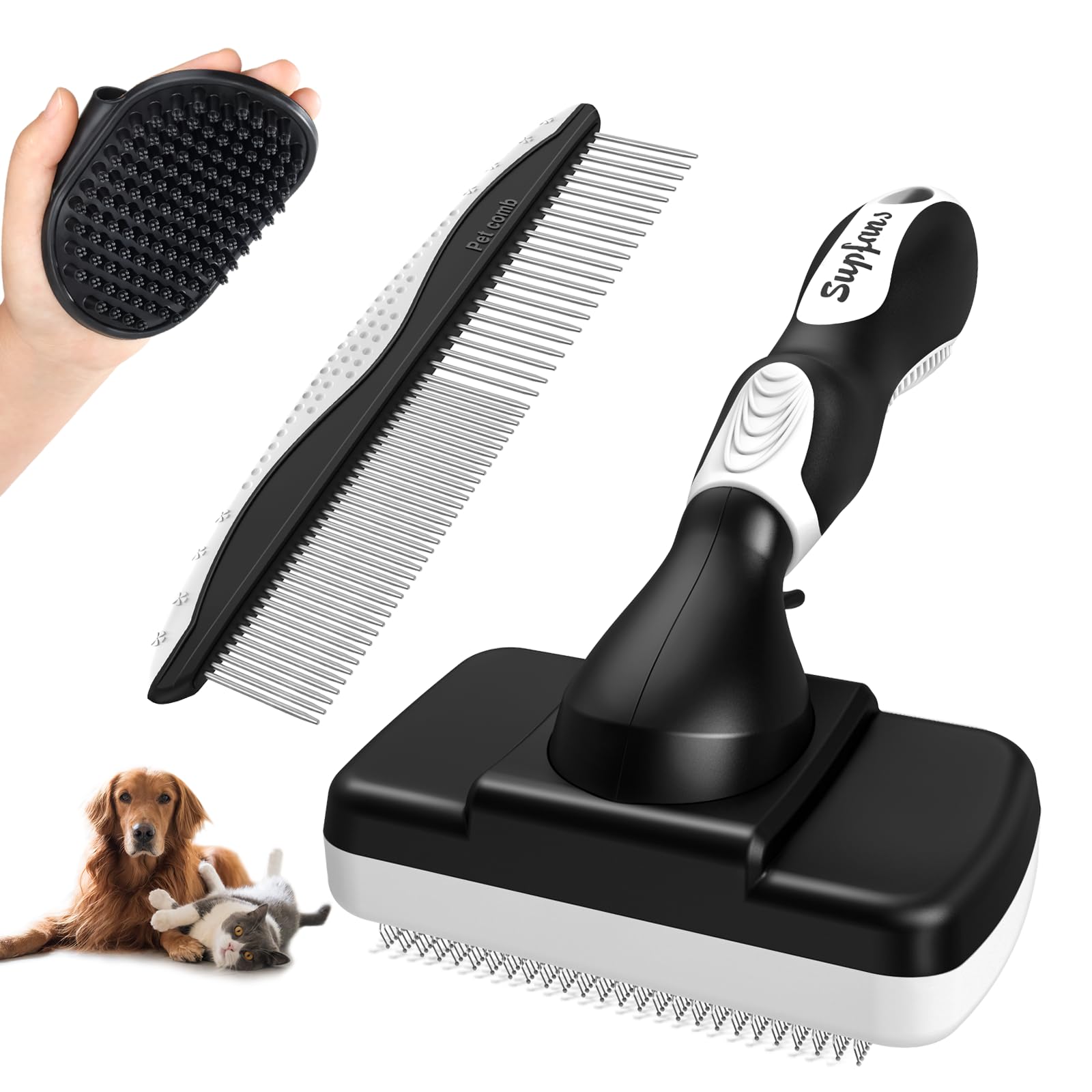 3PCS Dog Grooming Brush Set - Slicker Brush, Deshedding Brush & Bath Brush for Dogs & Cats - Gentle Pet Hair Removal & Detangling Tool for Long & Short Hair (White & Black) - Perfect for Home Grooming & Professional Pet Care