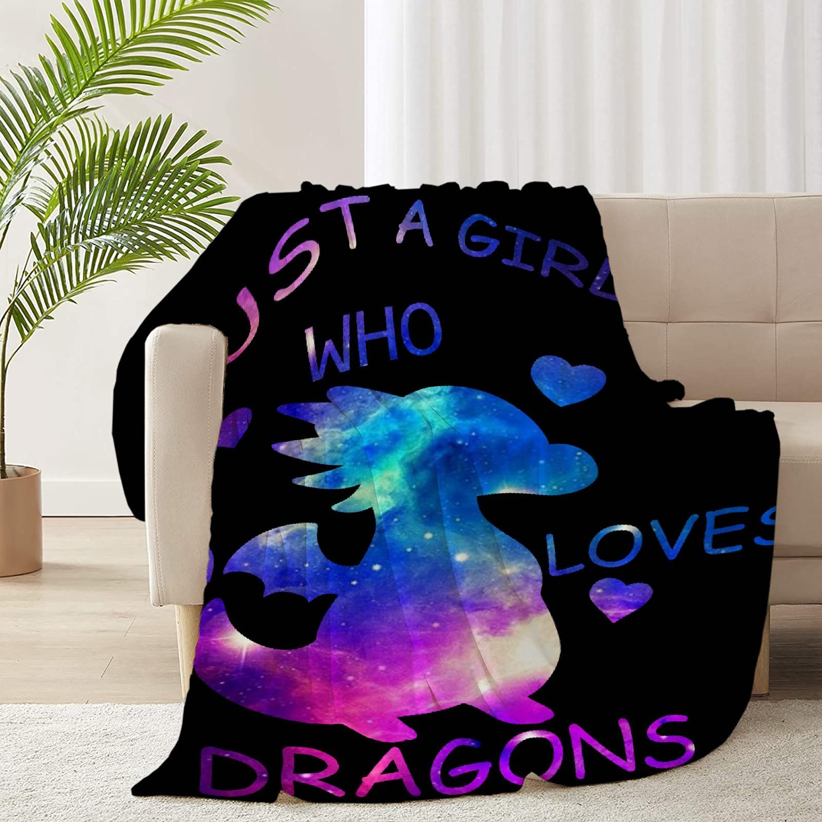 RICKYOUNG Just A Girl Who Loves Dragons Galaxy Space Throw Blanket - Soft Fleece Flannel Plush Microfiber Lightweight Blanket 120x90 Inches - Cozy Bedding for Couch, Bed & Family - Perfect for Movie Nights, Camping & Gift Giving