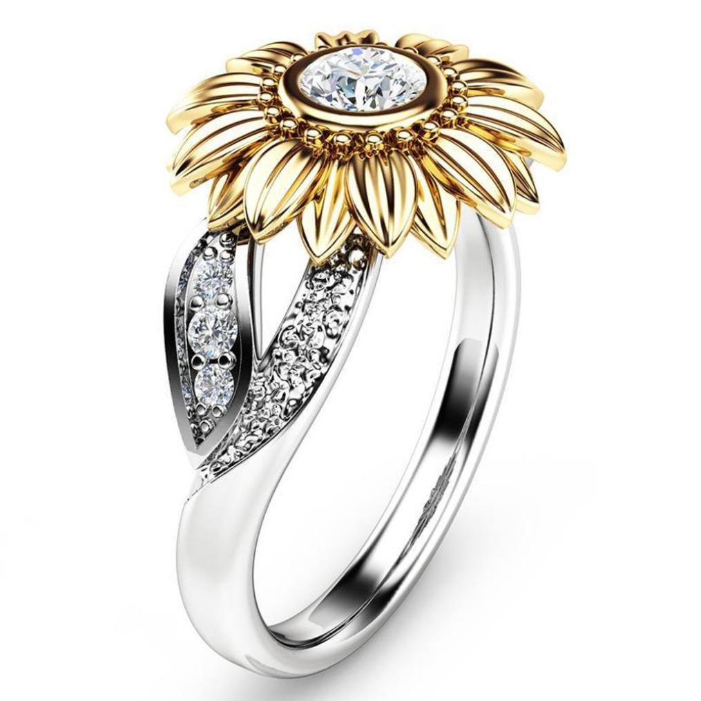 Becoler Women's Two Tone Silver Floral Ring with Round Diamond Accents - 14K Gold Plated Sunflower Jewelry for Wedding, Anniversary & Everyday Wear