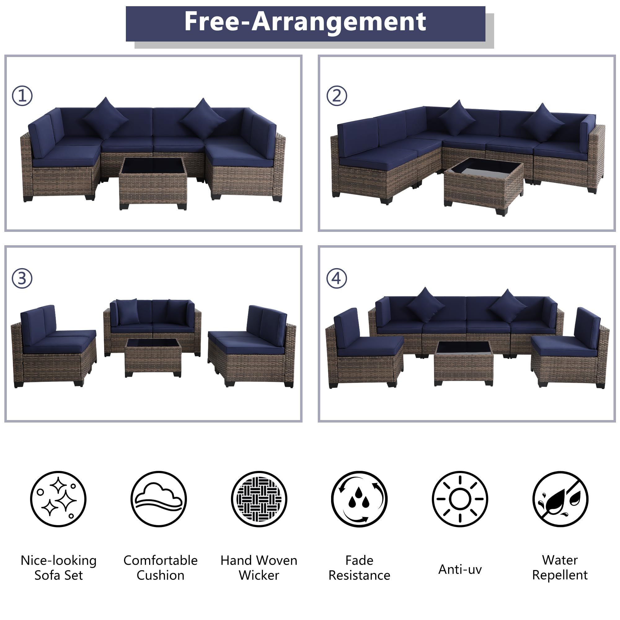 KIGOTY 7-Piece Modular Outdoor Sectional Sofa Set - All-Weather PE Rattan Wicker Patio Furniture with Cushions & Coffee Table (Brown/Navy) - Perfect for Backyard, Poolside & Garden Relaxation