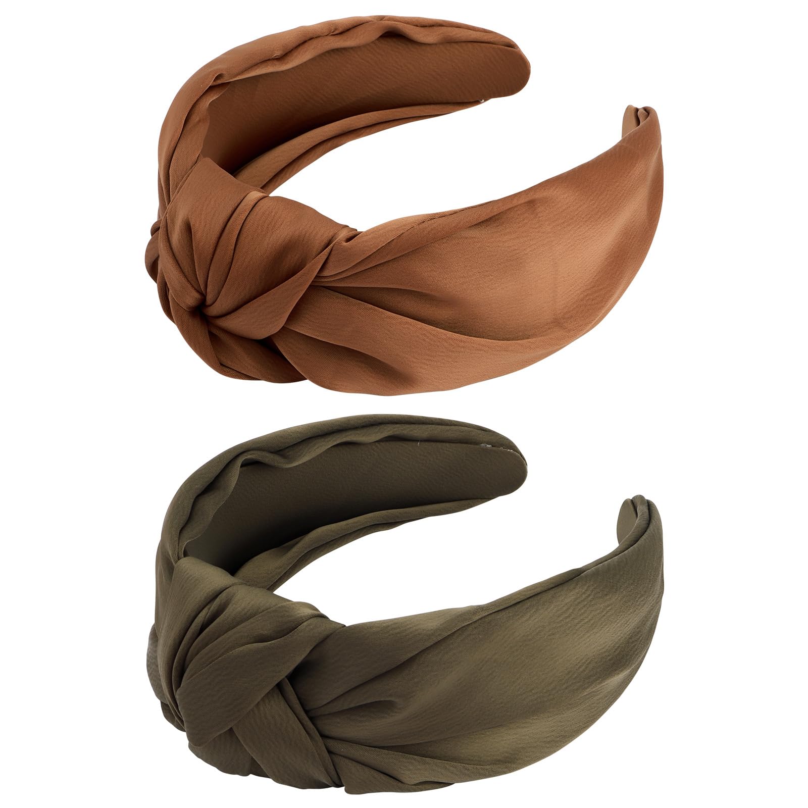 VELSCRUN 2 Pack Satin Wide Knotted Headbands - Brown Elastic Turbans, Non-Slip Silk Hair Accessories for Women & Girls | Perfect for Workouts, Yoga, Running & Everyday Styling