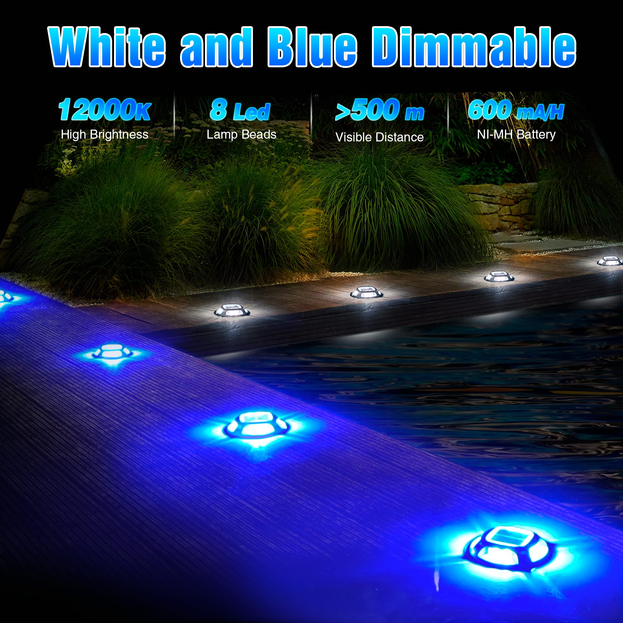 10 Pack Solar Deck Lights - Waterproof Marine Solar Dock Lights for Outdoor Use | Cold White & Blue LED Step Lights for Sidewalk, Stairs, Driveway, Courtyard | Perfect for Night Safety & Landscape Lighting