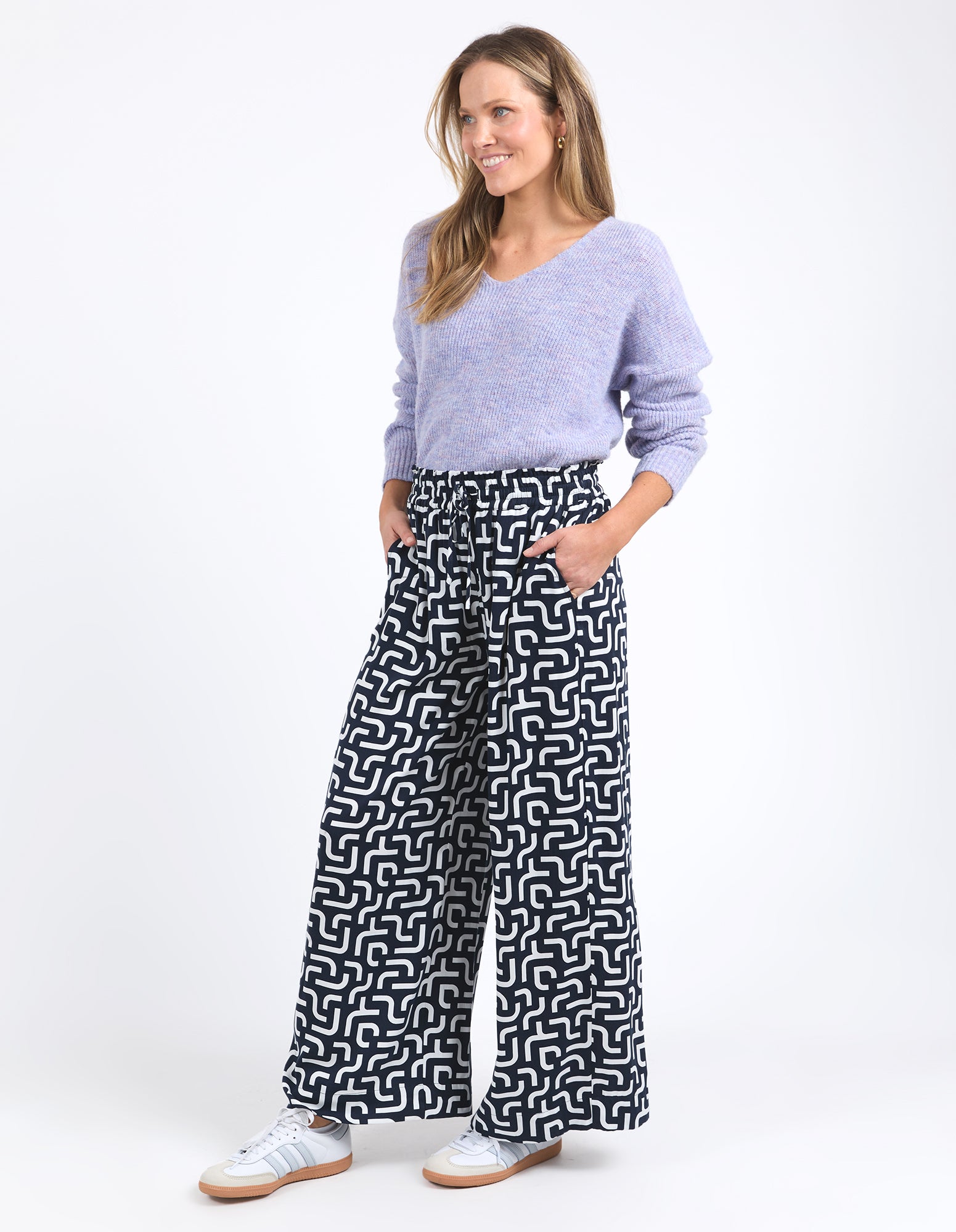 Elm Gemma Geo Print Pants for Women - Navy Blue Geometric Pattern High Waisted Trousers for Casual Wear, Office, and Travel