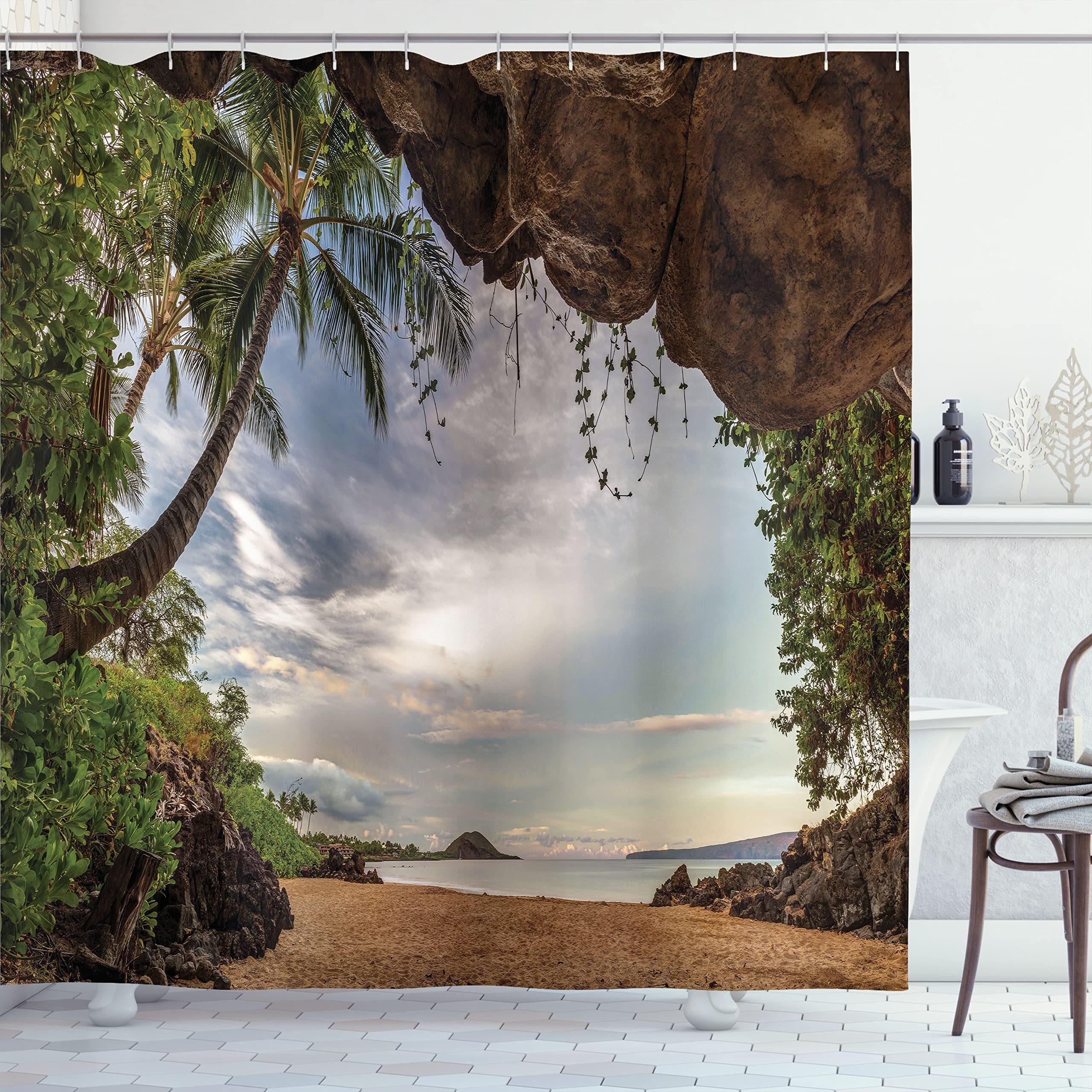 Hawaiian Sunrise Shower Curtain - South Maui Beach Cave with Lush Vegetation Scenery, 69x70 Inch Olive Green Multicolor Fabric Bathroom Decor Set with Hooks | Tropical Coastal Theme for Bathroom, Beach House, or Vacation Home Decor