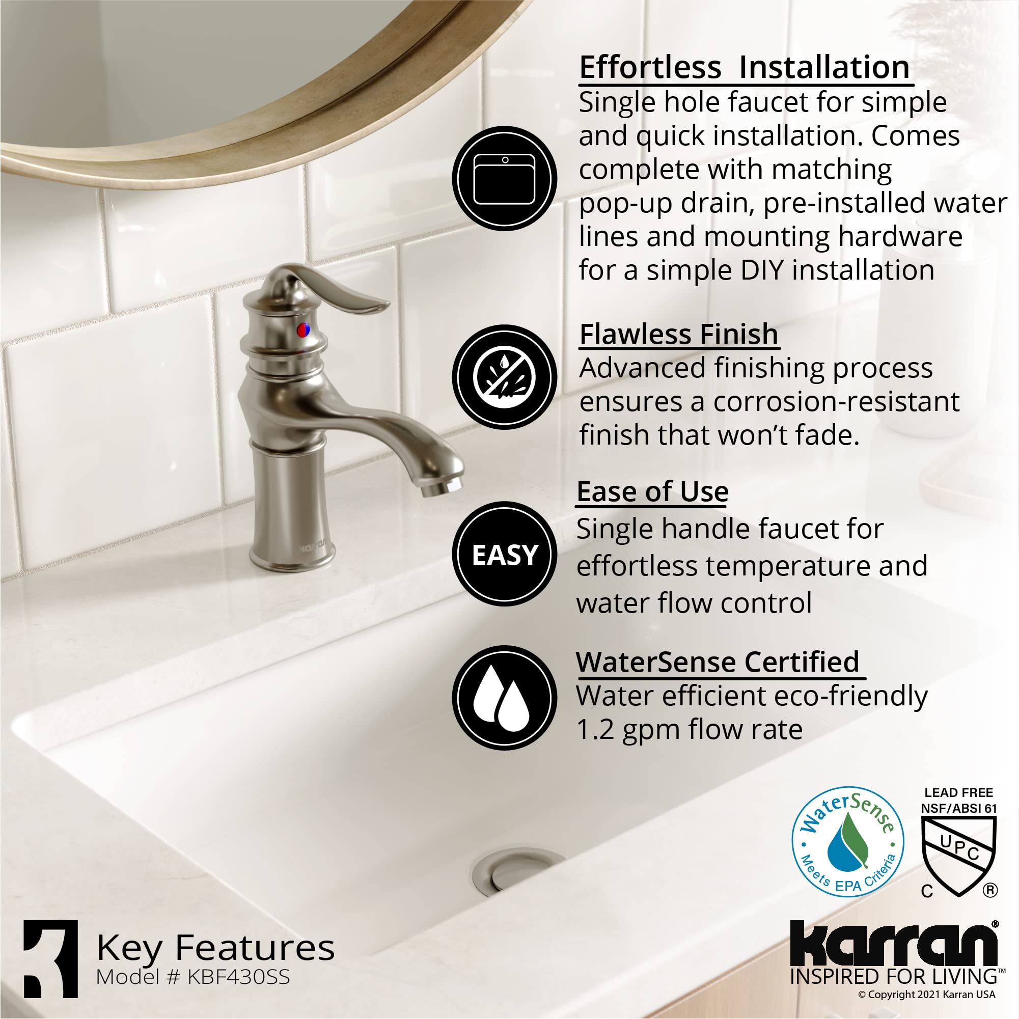 Karran KBF430 Stainless Steel Single Hole Bathroom Sink Faucet with Pop-Up Drain - Modern Single Handle Basin Tap for Bathroom Vanity, Powder Room & Guest Bath Installation