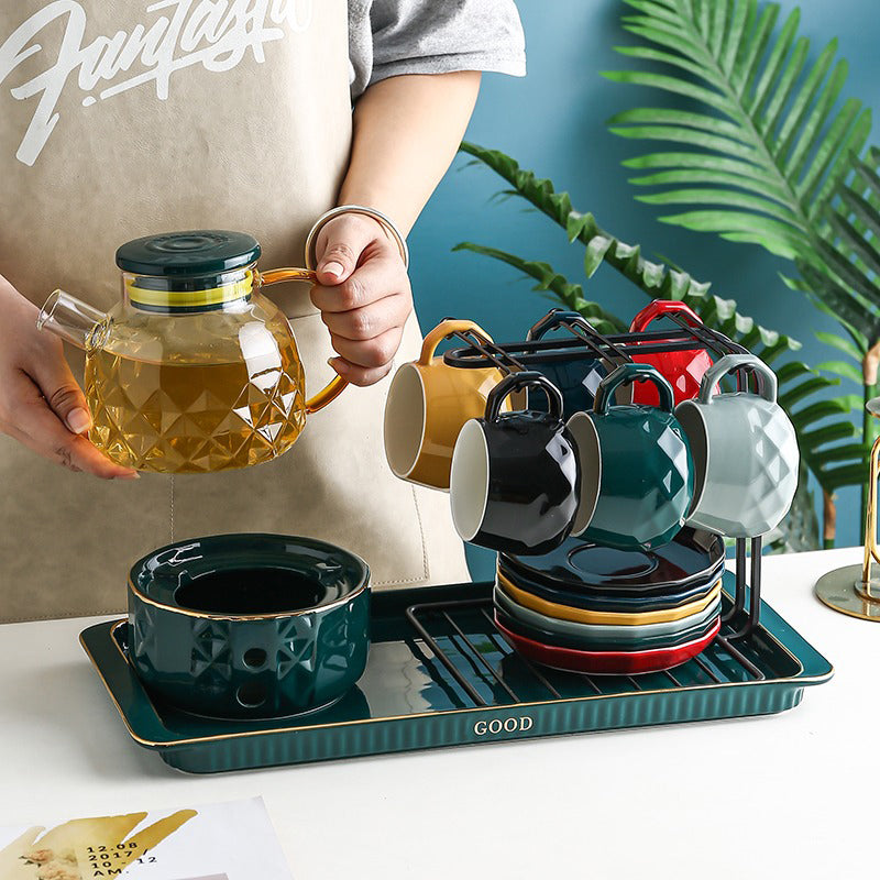 Elegant Modern Afternoon Tea Set with Warmer - Porcelain Tea Pot with Cups & Saucers - Perfect for Home Tea Parties, Bridal Showers & Cozy Afternoon Tea Time