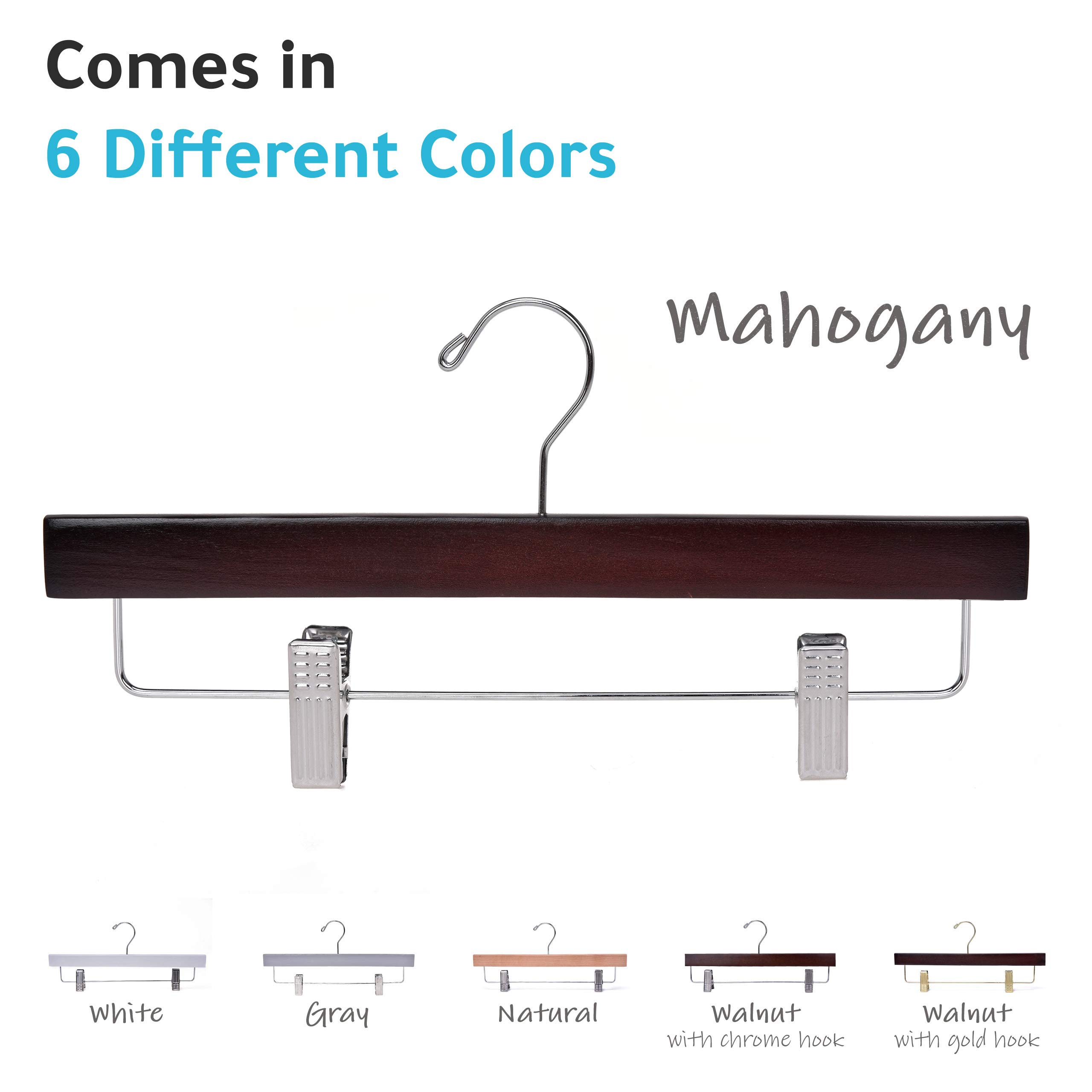 Premium 100-Pack Wooden Clothes Hangers with Swivel Hooks & Adjustable Clips - Heavy Duty Mahogany Pants, Skirt, Shorts & Slack Hangers for Wardrobe Organization - Perfect for Closet Storage, Retail Stores & Laundry Room Use