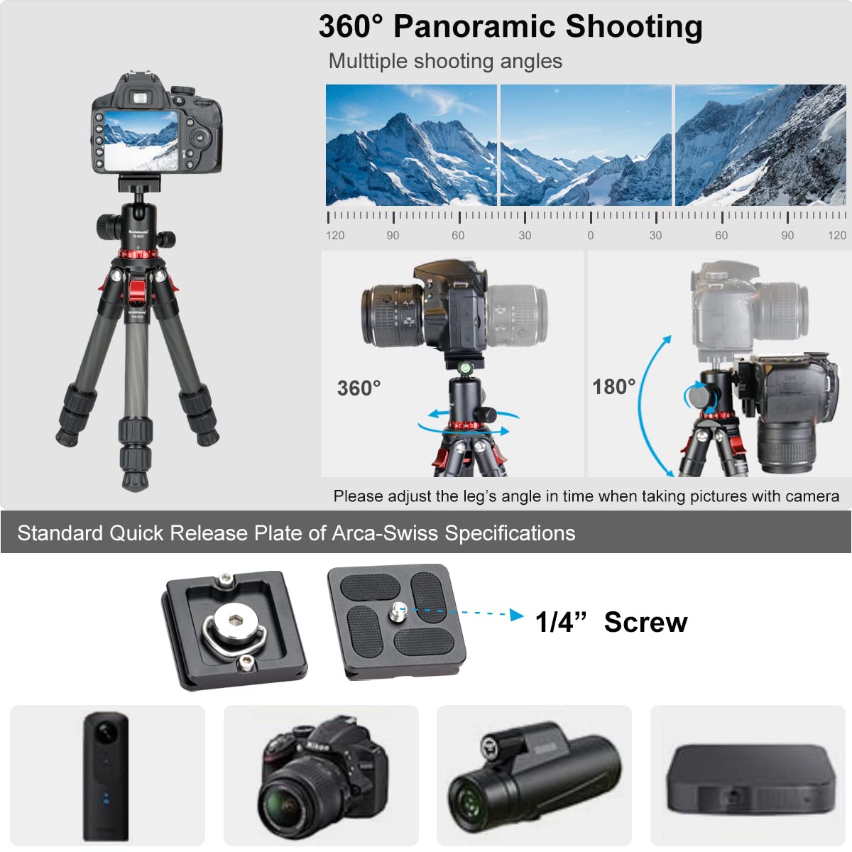 Koolehaoda Carbon Fiber Camera Tripod - Portable Compact Travel Tripod with 360° Ballhead, Mini Desktop Tripod for DSLR/Mirrorless Cameras (Max Load 22lbs/10kg) - Perfect for Travel, Vlogging & Outdoor Photography