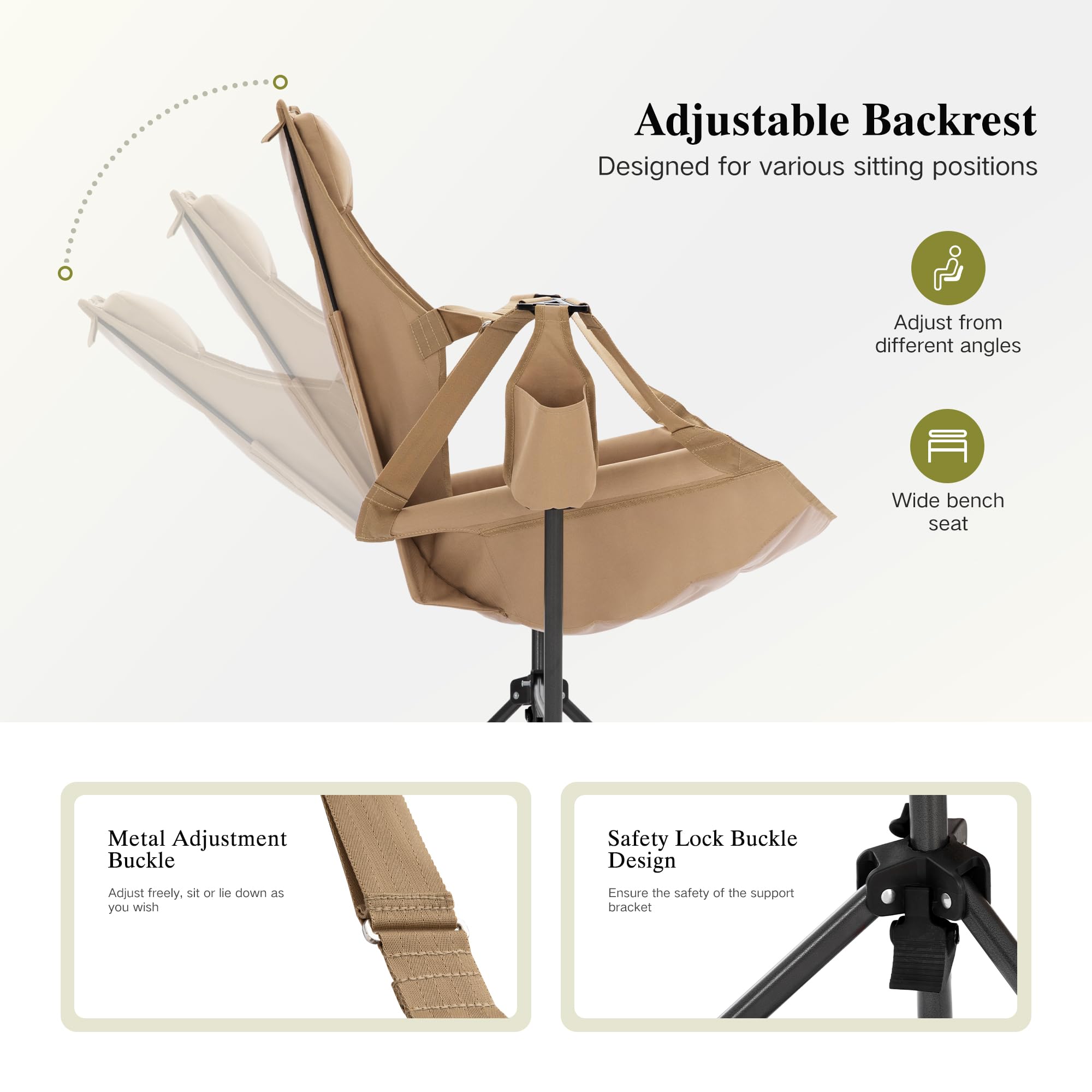Portable Hammock Camping Chair with Adjustable Back - Heavy Duty Folding Outdoor Rocking Chair for Adults - Includes Cup Holder & High Back Support - Perfect for Backyard, Beach, Camping & Patio Relaxation (Beige)
