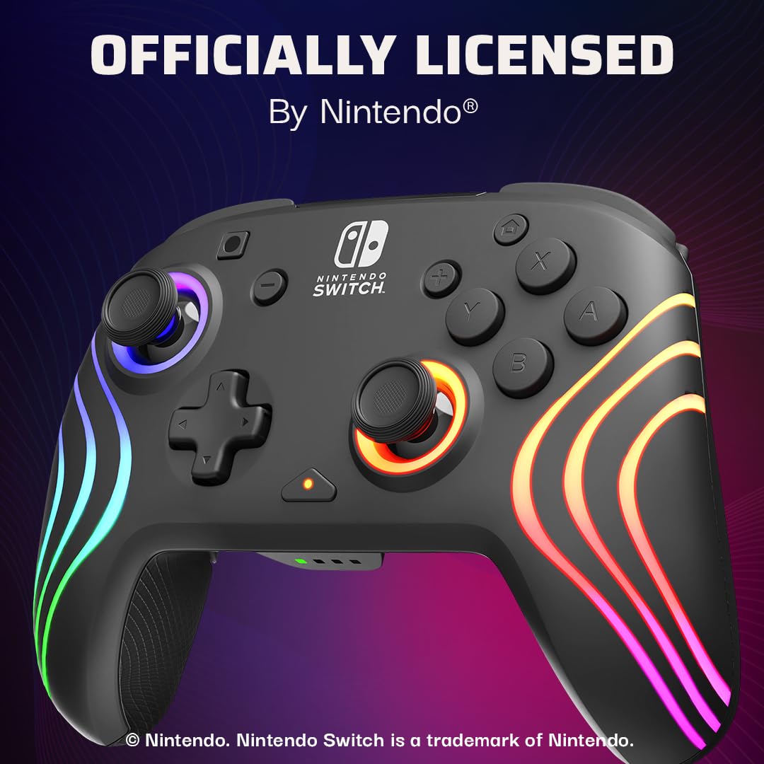 **PDP Afterglow Wave Wireless Pro Controller for Nintendo Switch & OLED - Motion Controls, Custom LED Lighting, 30ft Range, 20-Hour Rechargeable Battery (Black) - Perfect for Gaming, Streaming & Multiplayer Battles**
