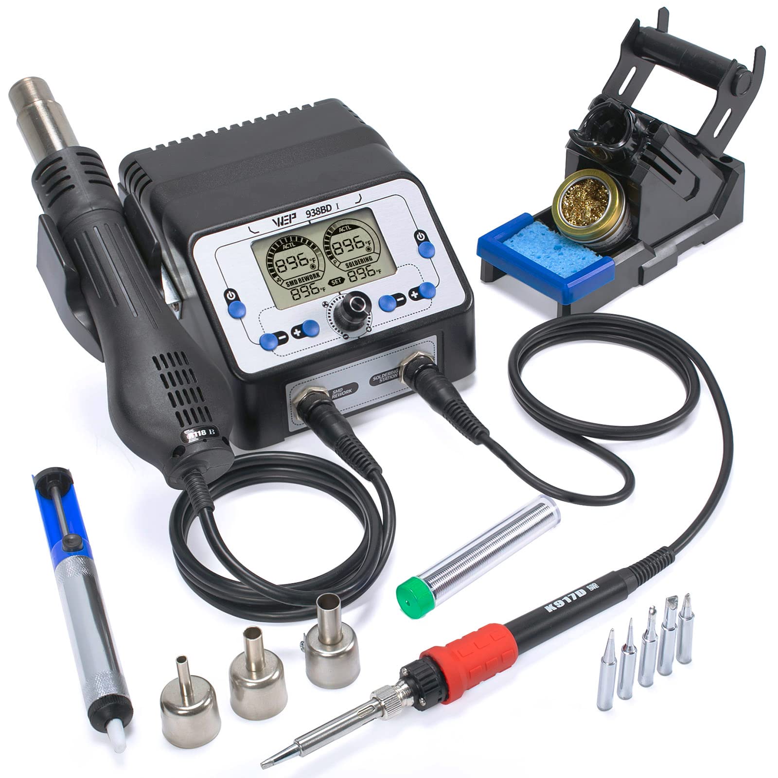 WEP 938BD-I 2-in-1 Soldering Iron and Hot Air Rework Station with LCD Display, PID Temperature Control, Sleep Mode - Includes 3 Nozzles, 5 Soldering Tips & Solder Wire - Perfect for Electronics Repair, PCB Work, and DIY Projects
