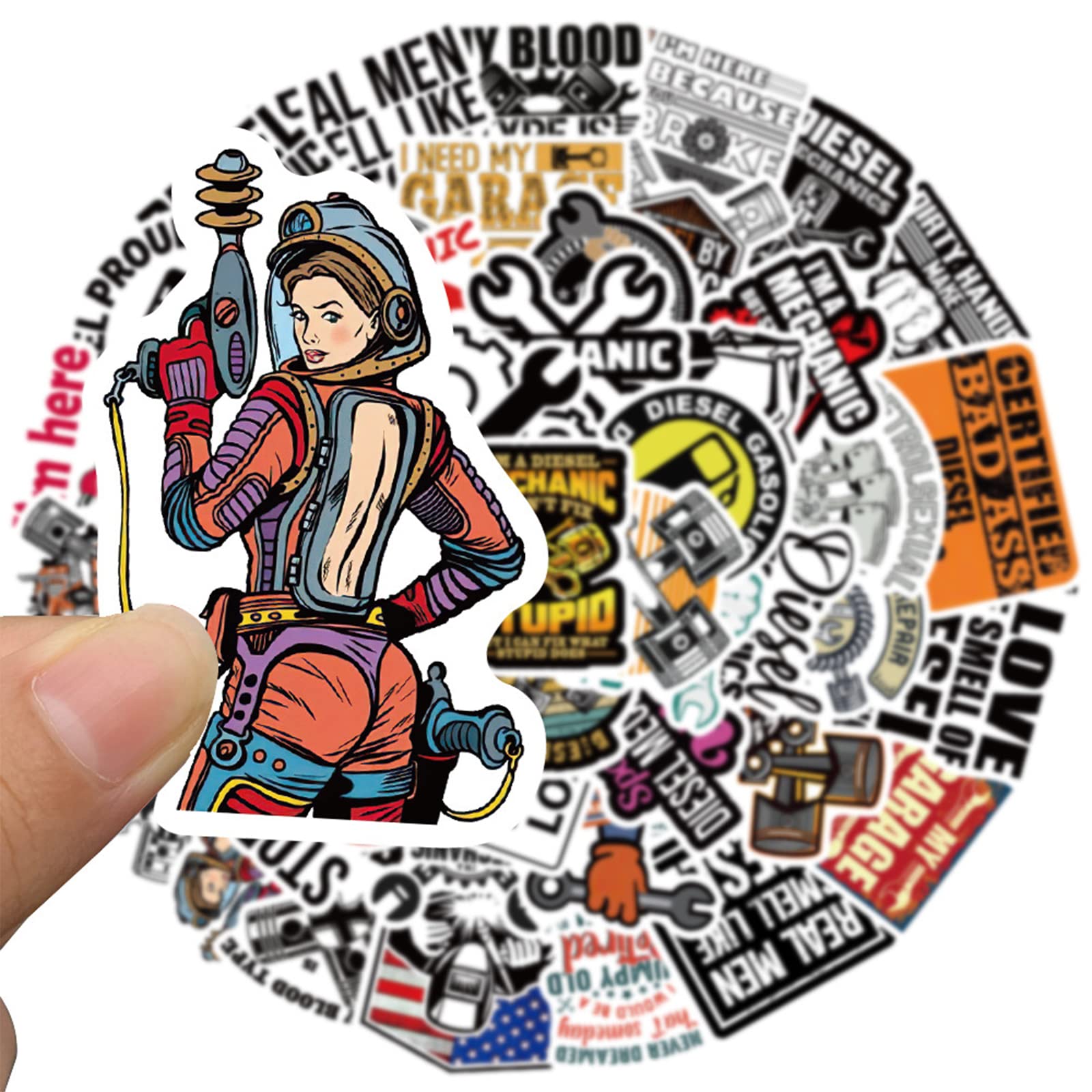 50PCS Diesel Mechanic Stickers - Waterproof Vinyl Decals for Toolbox, Helmet, Laptop, Water Bottle & Luggage - Perfect for Mechanics, Electricians & DIY Enthusiasts - Great for Workshop, Garage & Personalizing Tools