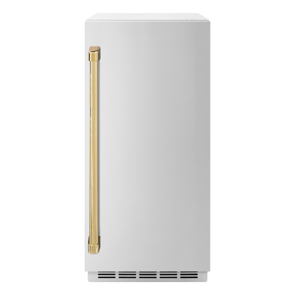 ZLINE Autograph Edition 15-inch Clear Cube Ice Maker with Drain Pump - Stainless Steel Door & Gold Handle - Commercial & Home Bar Use (ICCDZ ST 15 G)