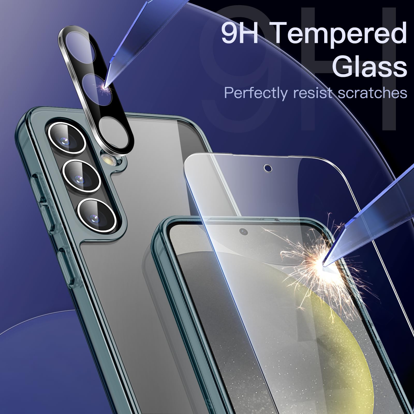 JETech 5-in-1 Protective Case for Samsung Galaxy S24+ / S24 Plus 5G - Includes 2-Pack Tempered Glass Screen Protectors & Camera Lens Protector - Shockproof, Non-Yellowing Bumper Phone Cover (Dark Blue) - Perfect for Work, Travel & Outdoor Activities
