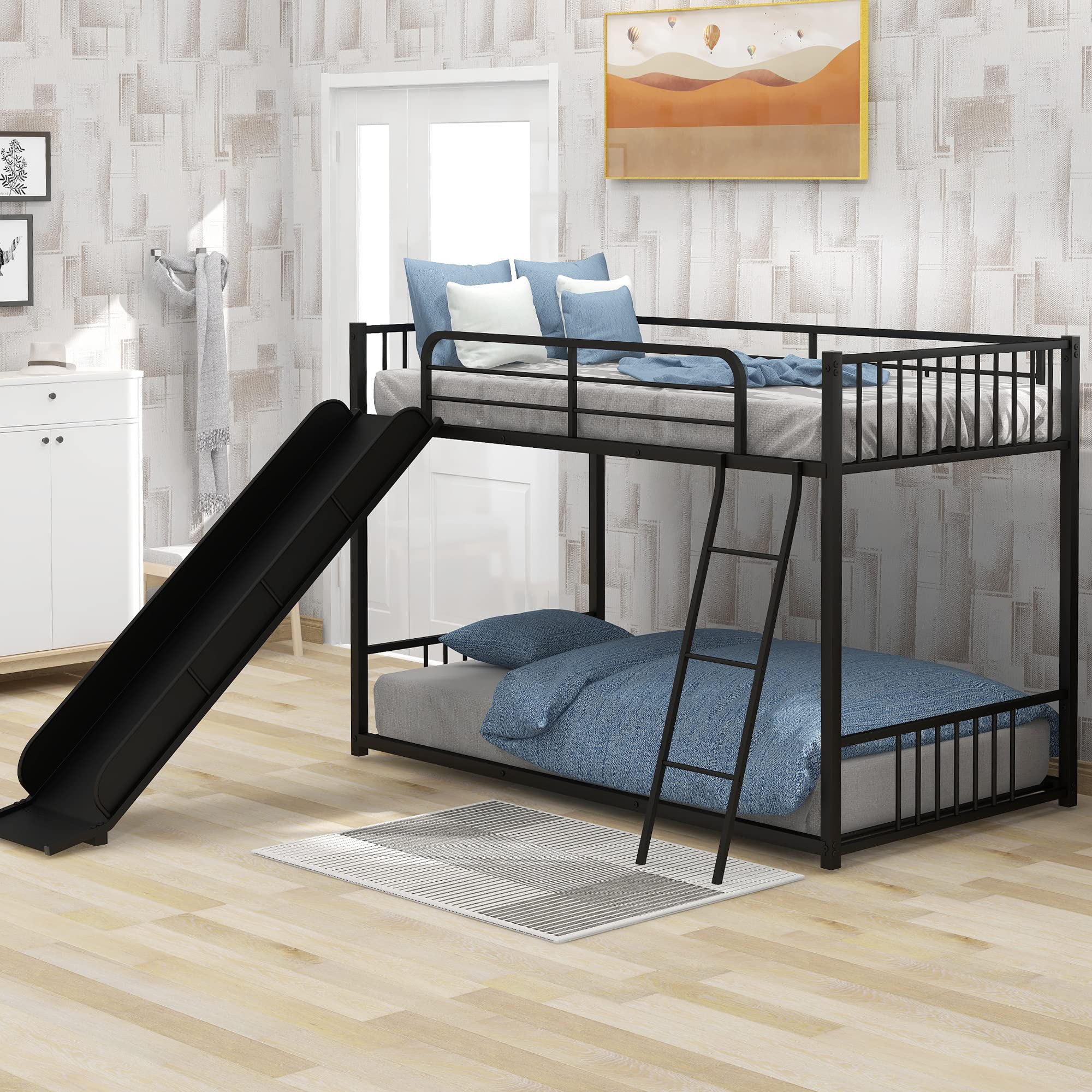 P PURLOVE Twin Over Twin Floor Bunk Bed with Slide - Low Profile Metal Bunk Bed for Kids & Teens - Space Saving Kids Room Furniture for Small Bedrooms, Dorm Rooms & Sleepovers
