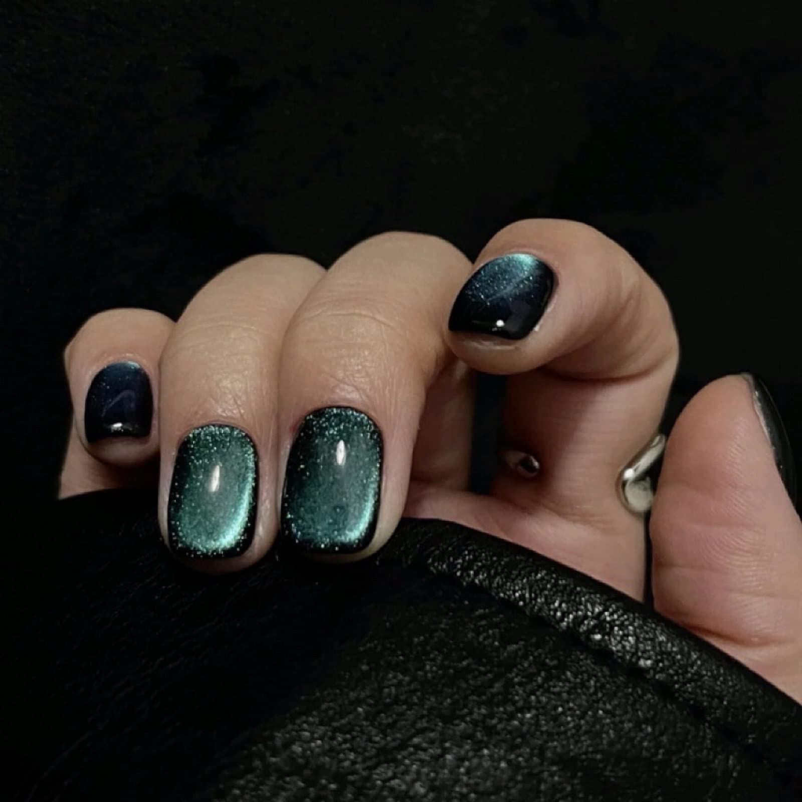 MISUD Short Square Press on Fake Nails - 24pcs Glossy Glue on Chrome Cat Eye Acrylic Nails with Green Starry Sky Design for Women, Perfect for Parties, Weddings & Special Occasions