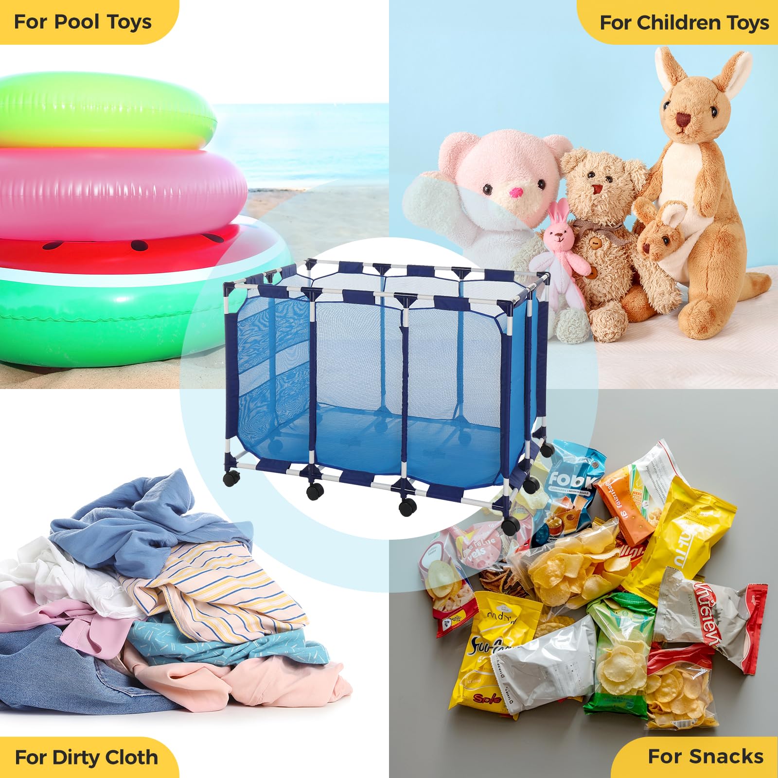 VINGLI Rolling Pool Storage Organizer Bin - 47x30x34in Large Mesh Container for Pool Toys, Floaties & Outdoor Gear - Perfect for Poolside, Garage, Shed & Kids Playroom Storage - Durable & Portable Toy Organizer for Easy Cleanup