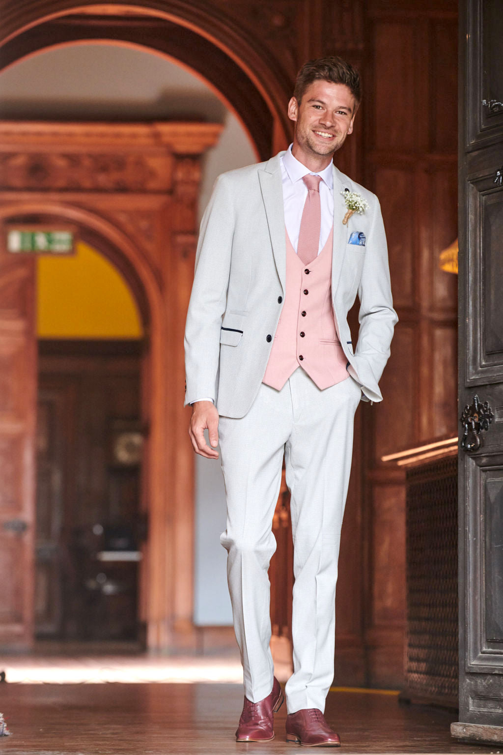 BROMLEY Men's Stone Check Suit with Kelvin Pink Waistcoat - Formal Business Attire for Weddings, Office & Special Occasions