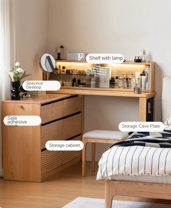 Solid Oak Wood Modern Extendable Dressing Table - Adjustable Vanity Desk for Makeup & Skincare - Perfect for Bedroom, Dorm, or Apartment