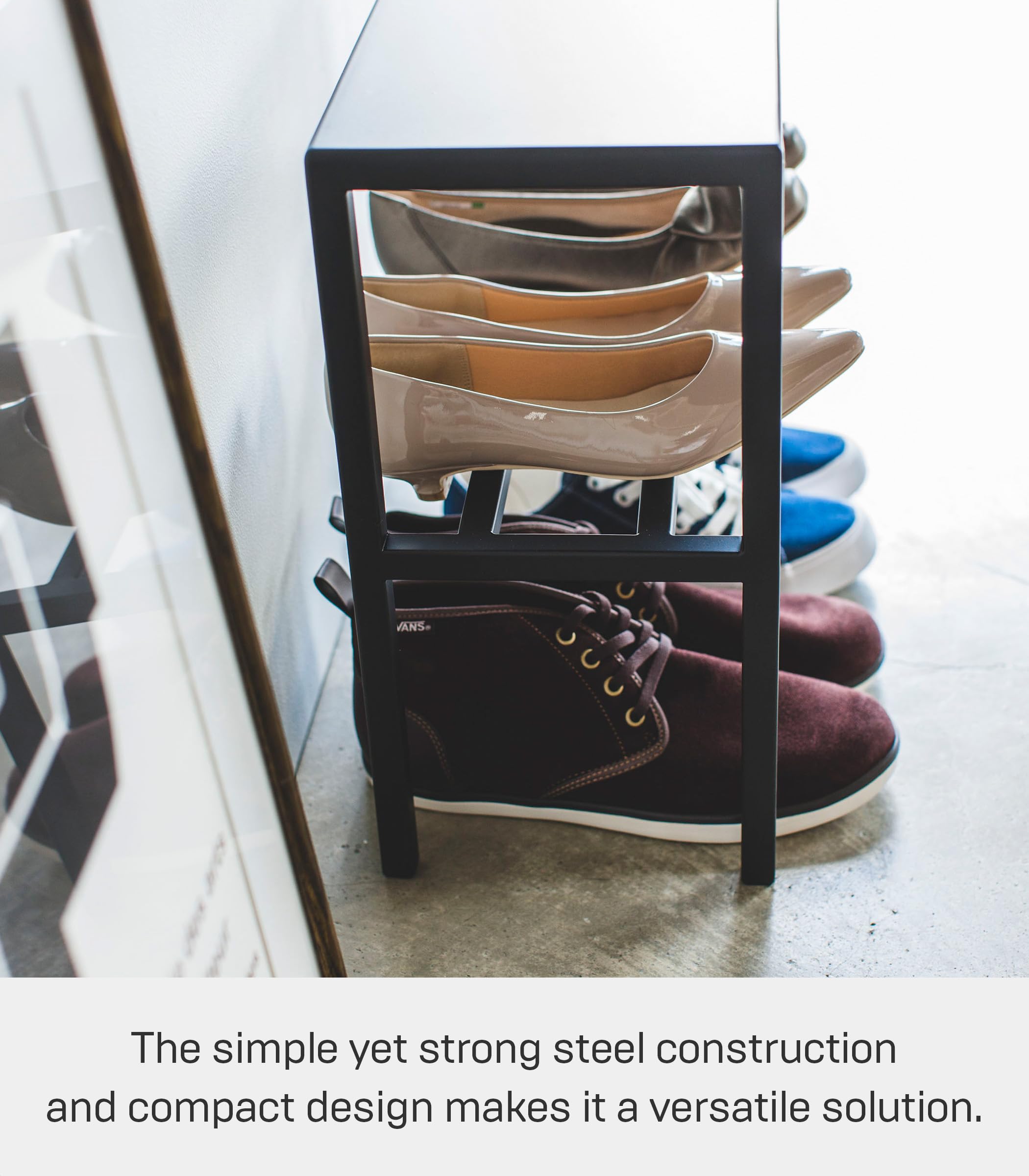 Yamazaki Home 2-Tier Steel Entryway Organizer & Shoe Rack - Black | Space-Saving Storage Solution for Small Apartments, Hallways & Closets | Durable Metal Shoe Shelf for Entryway Organization
