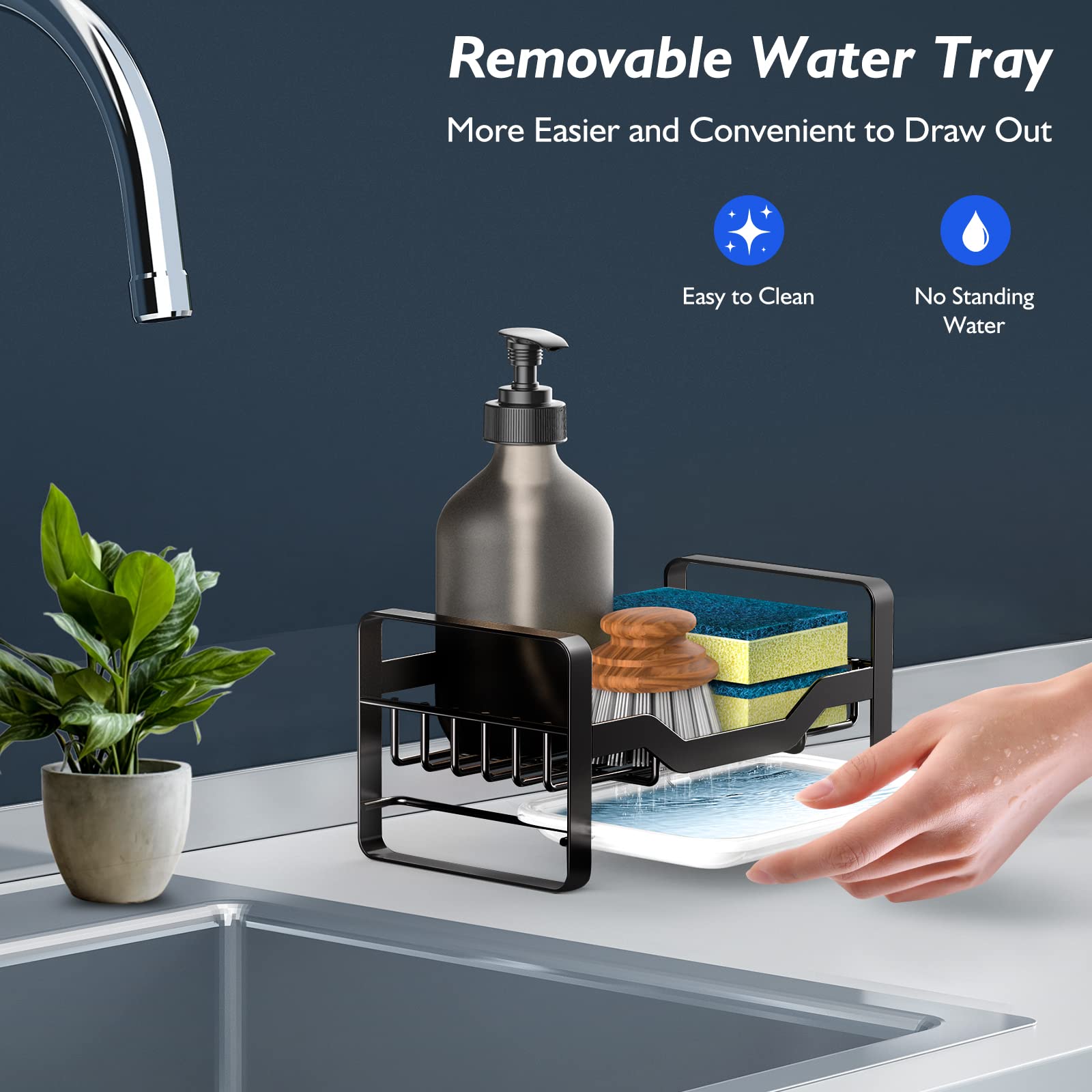 Stainless Steel Kitchen Sink Caddy Organizer - Sponge & Soap Holder with Removable Drain Tray | Countertop Storage for Brushes, Dish Soap Dispenser | Perfect for Small Kitchen Organization & Sink Accessories Storage