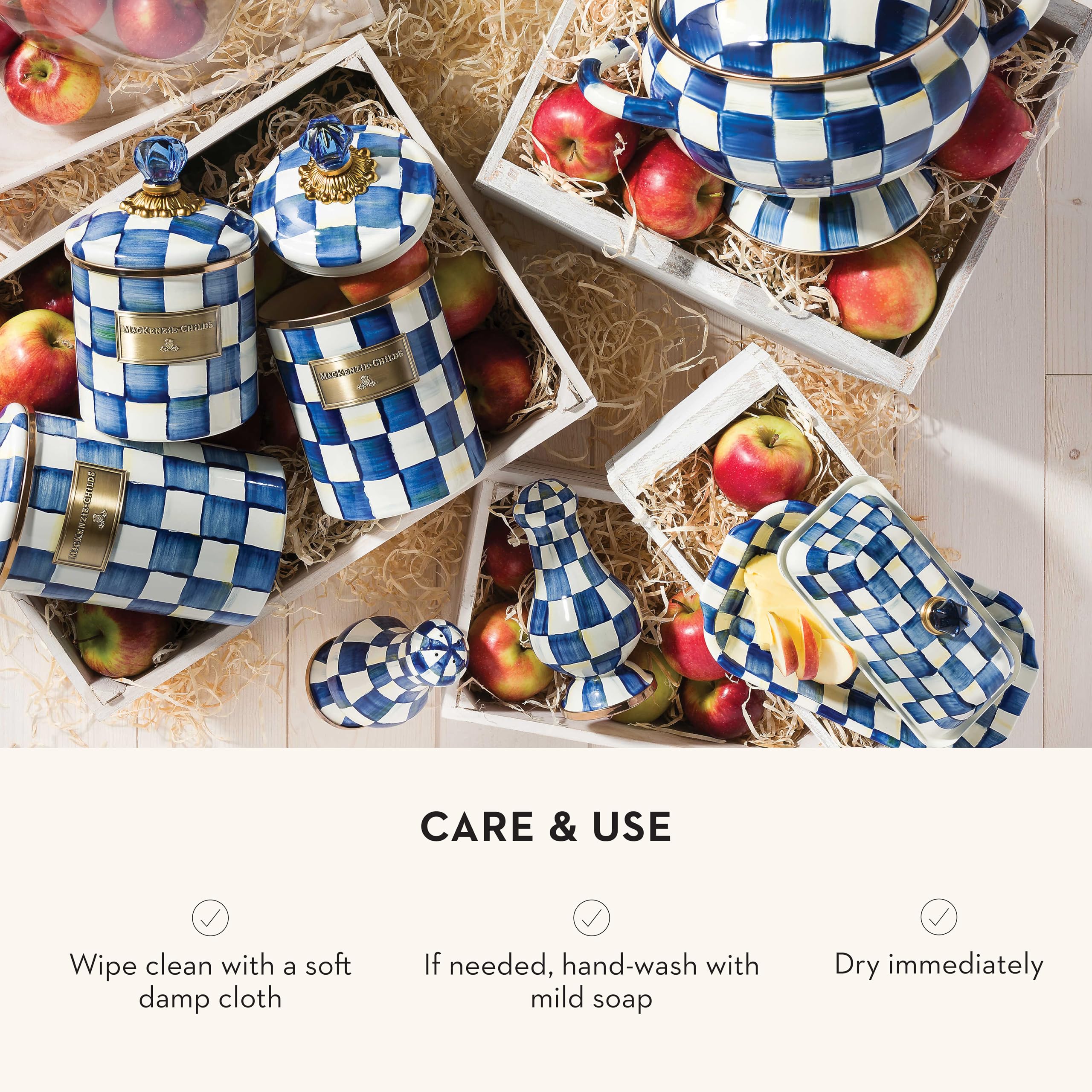 MACKENZIE-CHILDS Medium Enamel Canister - 1.42L Kitchen Storage Container for Flour, Sugar & Dry Goods | Airtight Food Organizer | Blue & White Royal Check Design | Perfect for Pantry, Baking & Countertop Decor