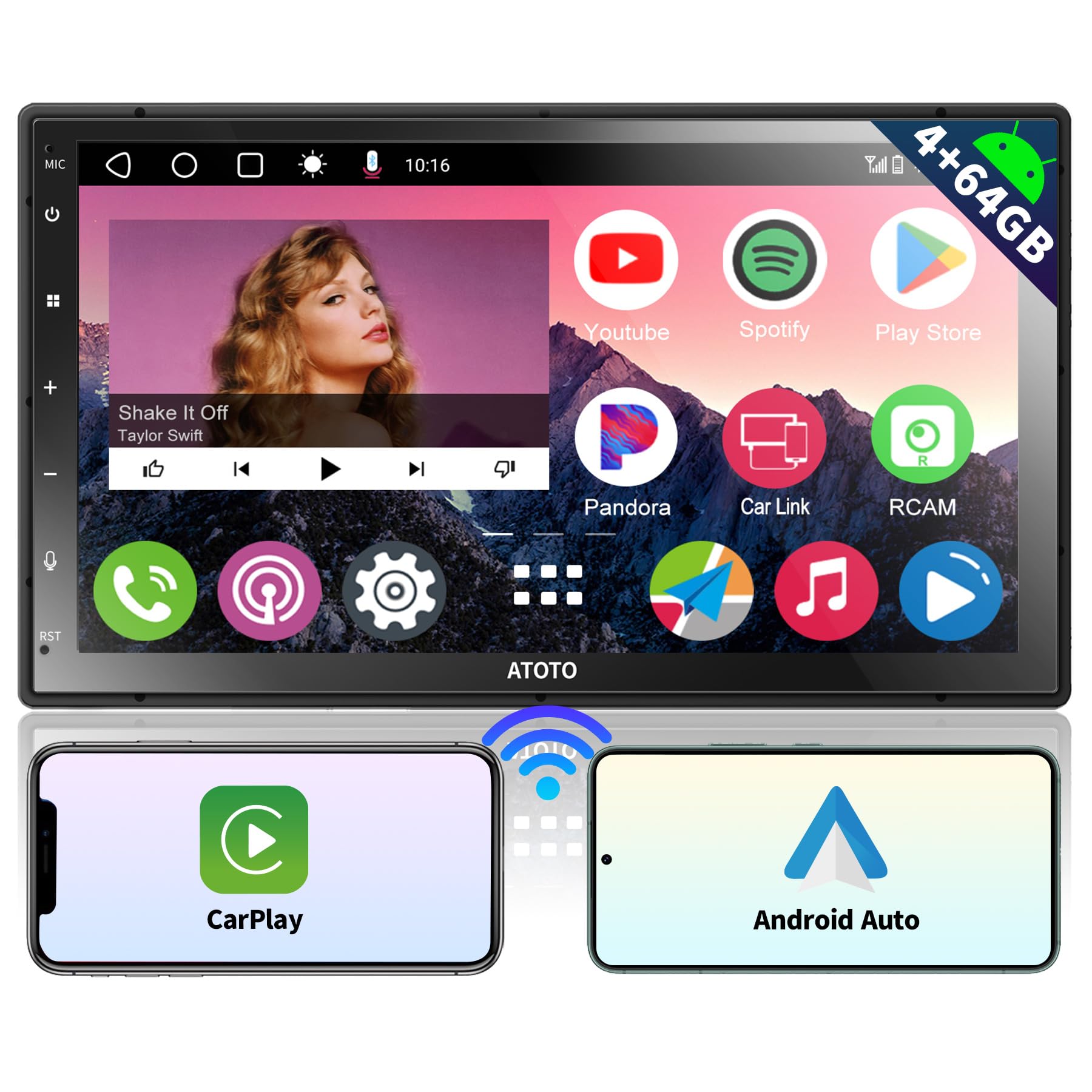ATOTO A6 7-Inch Double DIN Android Car Stereo with 1280x720 QLED Touchscreen - Wireless Apple CarPlay & Android Auto - 4GB RAM + 64GB Storage - Dual Bluetooth, MirrorLink, GPS, WiFi/BT/USB Tethering (A6G2C7PP) - Perfect for Road Trips & Daily Commuting