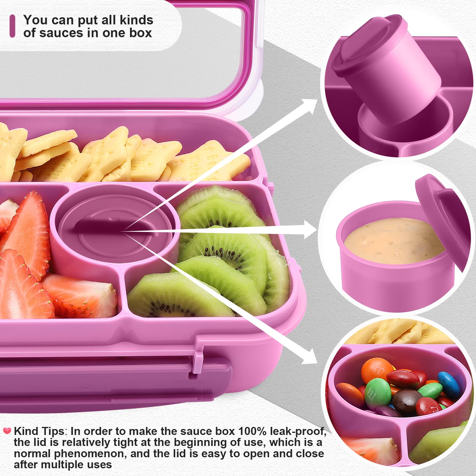 5-Compartment Bento Lunch Box for Adults & Kids with Sauce Containers - Microwave, Dishwasher & Freezer Safe - Ideal for School, Office & Picnics (Purple)