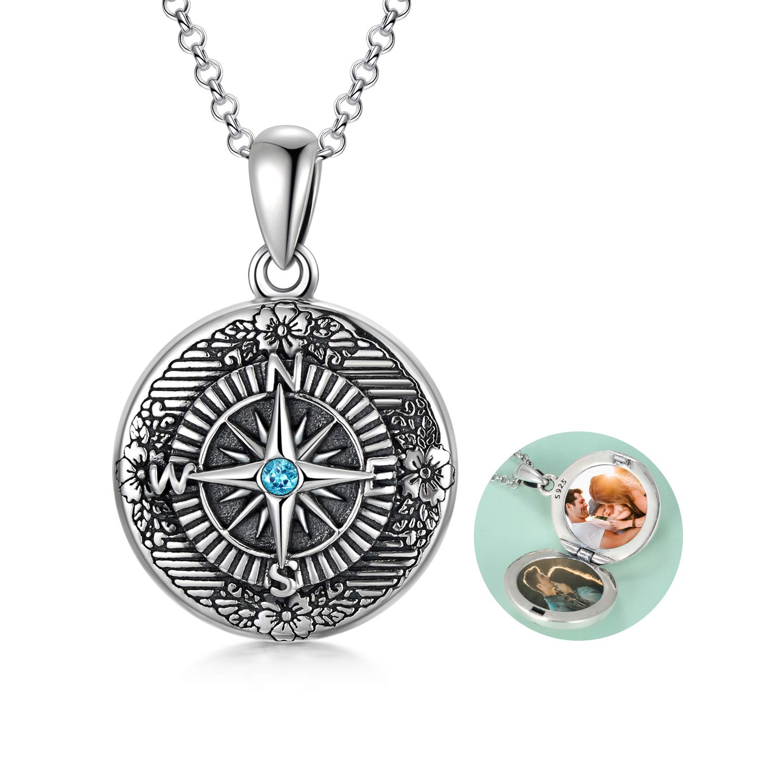 AOBOCO 925 Sterling Silver Compass Locket Necklace with Photo Insert - Engravable Jewelry Gift for Women, Men, Girls | Birthday, Graduation, Anniversary, Valentine's Day Present | Perfect for Travelers, Adventurers & Couples