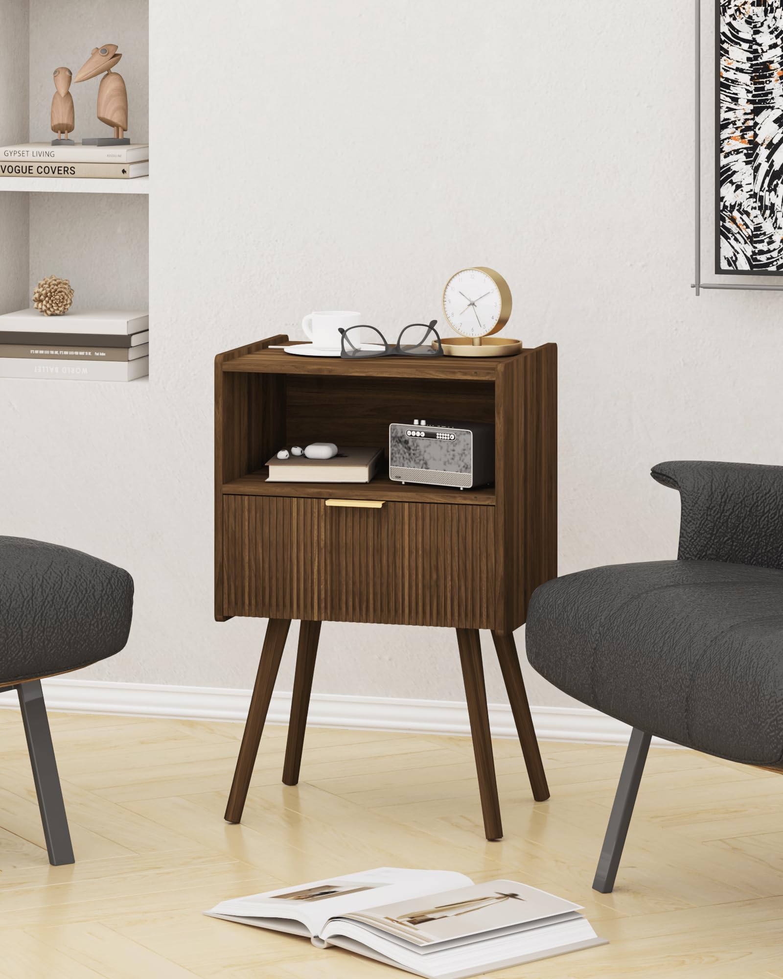 Modern Nightstand with Storage Drawer & Open Shelf - Solid Wood Bedside Table for Bedroom, Living Room & Small Spaces - Walnut Brown Accent Furniture - Easy Assembly - Perfect for Reading Nook, Guest Room & Apartment Decor