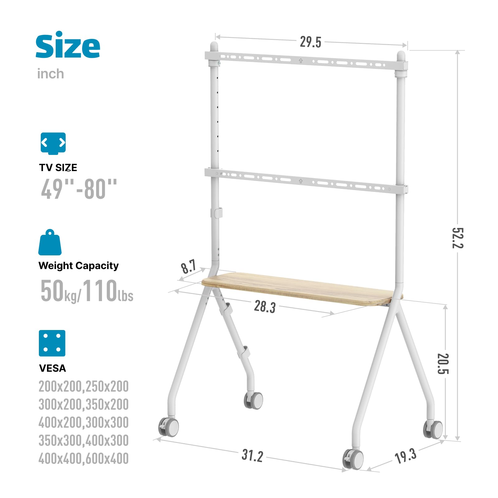 Portable Rolling TV Stand for 49-80 Inch Screens (Up to 110 lbs) - Mobile TV Cart with Wheels for Business, Office, School & Home Use - White | Perfect for Presentations, Classrooms & Living Rooms