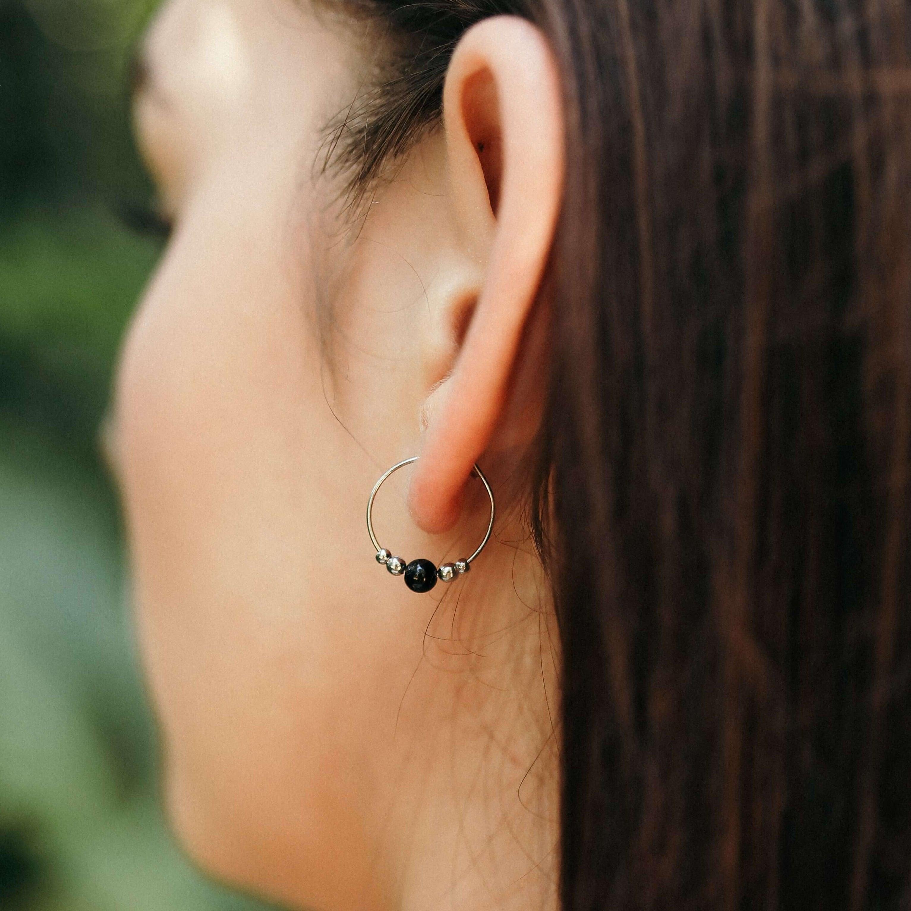 Black Tourmaline Beaded Hoop Earrings for Women - Tiny Adjustable Crystal Healing Jewelry for Protection & Positive Energy - Perfect for Everyday Wear, Meditation & Spiritual Gifts