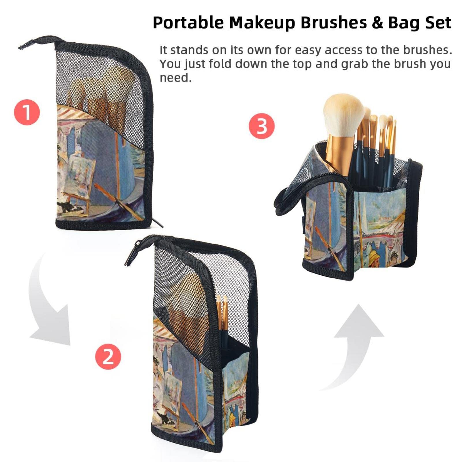 12-Piece Makeup Brush Organizer Bag - Portable Cosmetic Brush Holder Case for Travel & Home Storage - Painting Boat Europe Design