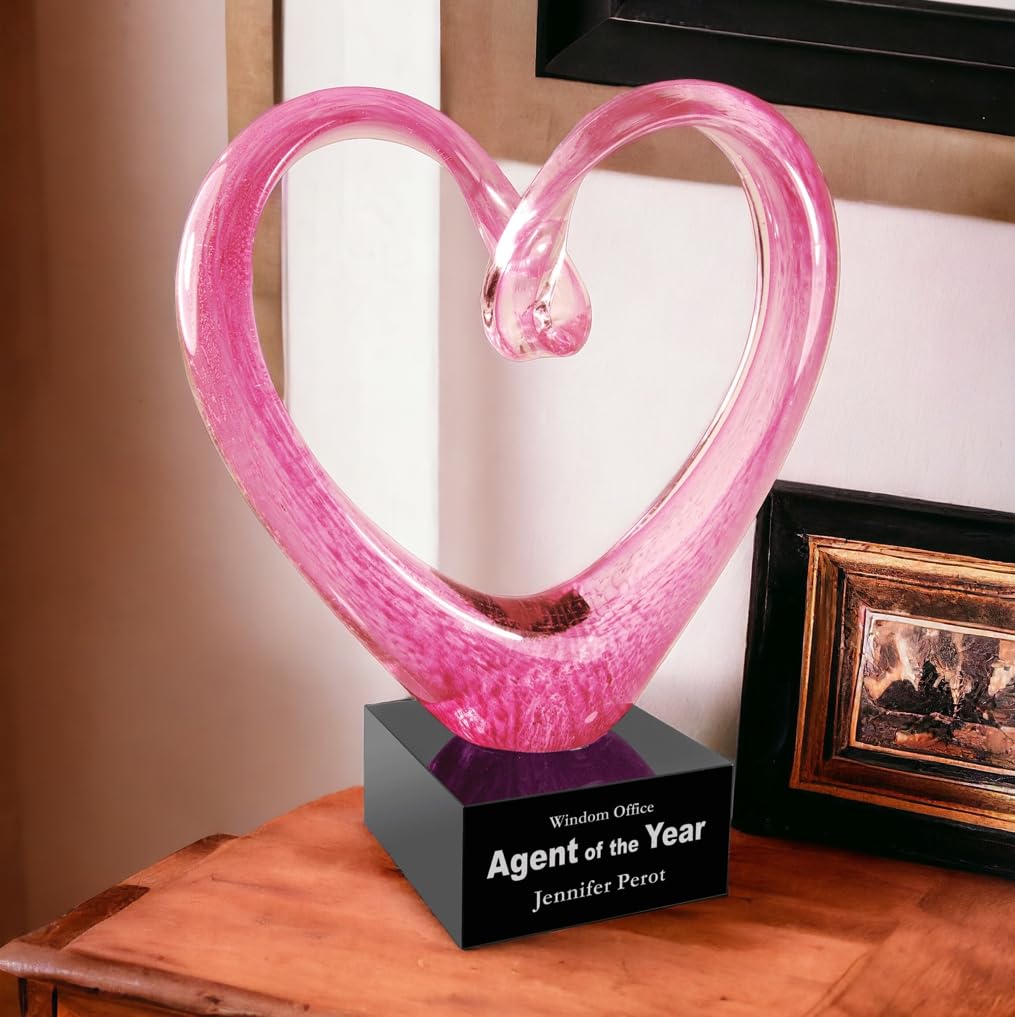 Custom Pink Heart Art Glass Trophy Award - Personalized Free Engraving for Sports, Academic & Corporate Achievements - Perfect for Valentine's Day, Anniversaries & Recognition Ceremonies